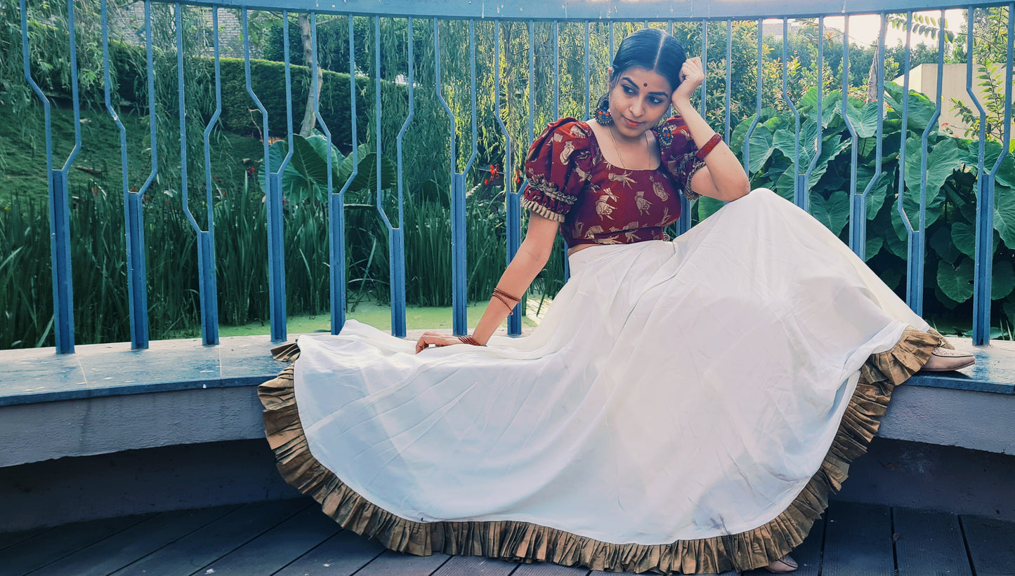 Mudras in Motion: Off White Crepe Skirt With Banaras Crop Top