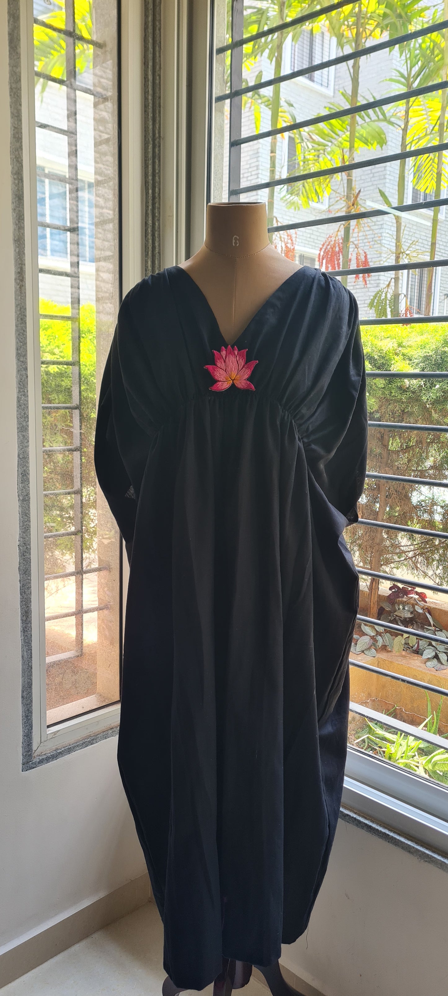 The Black Kaftan Frock With Lotus Hand Embroidery