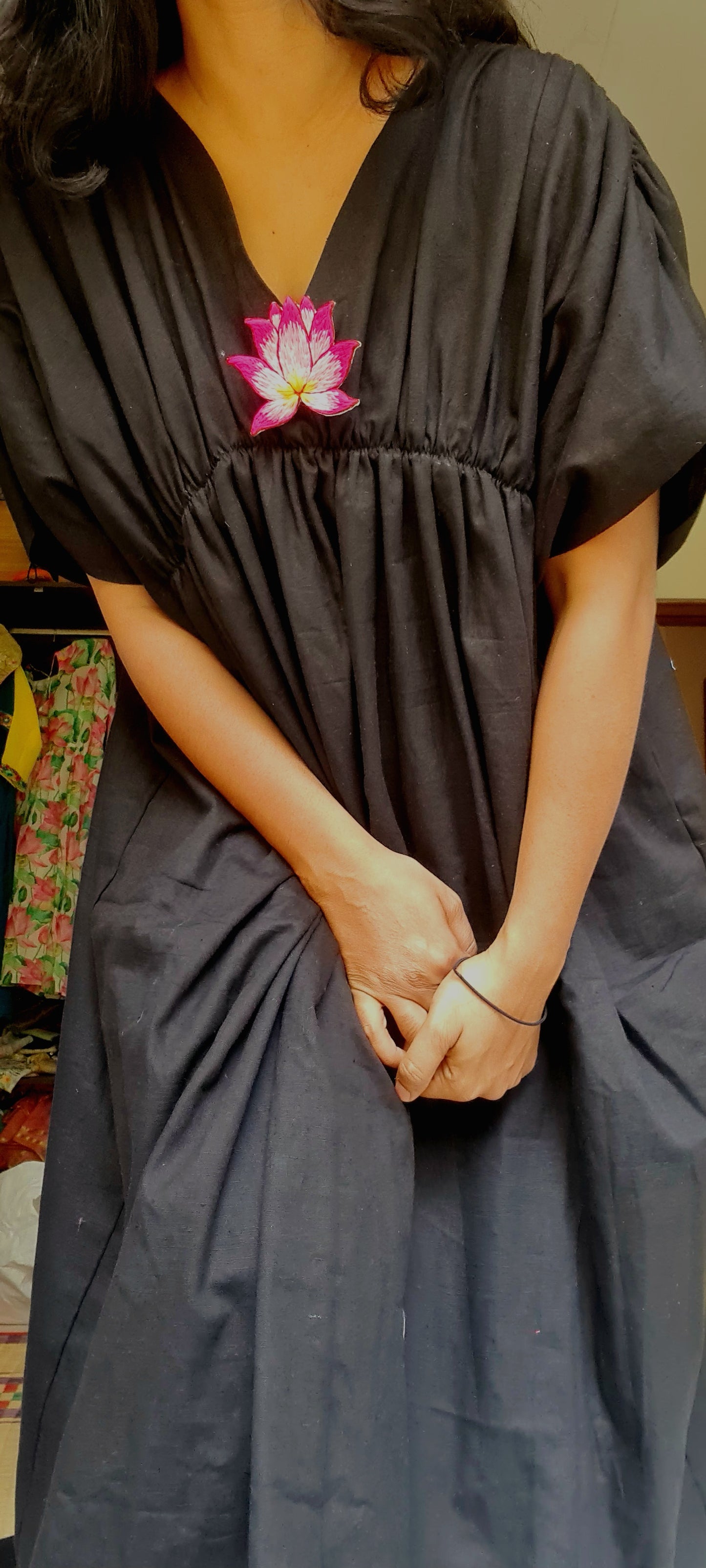 The Black Kaftan Frock With Lotus Hand Embroidery