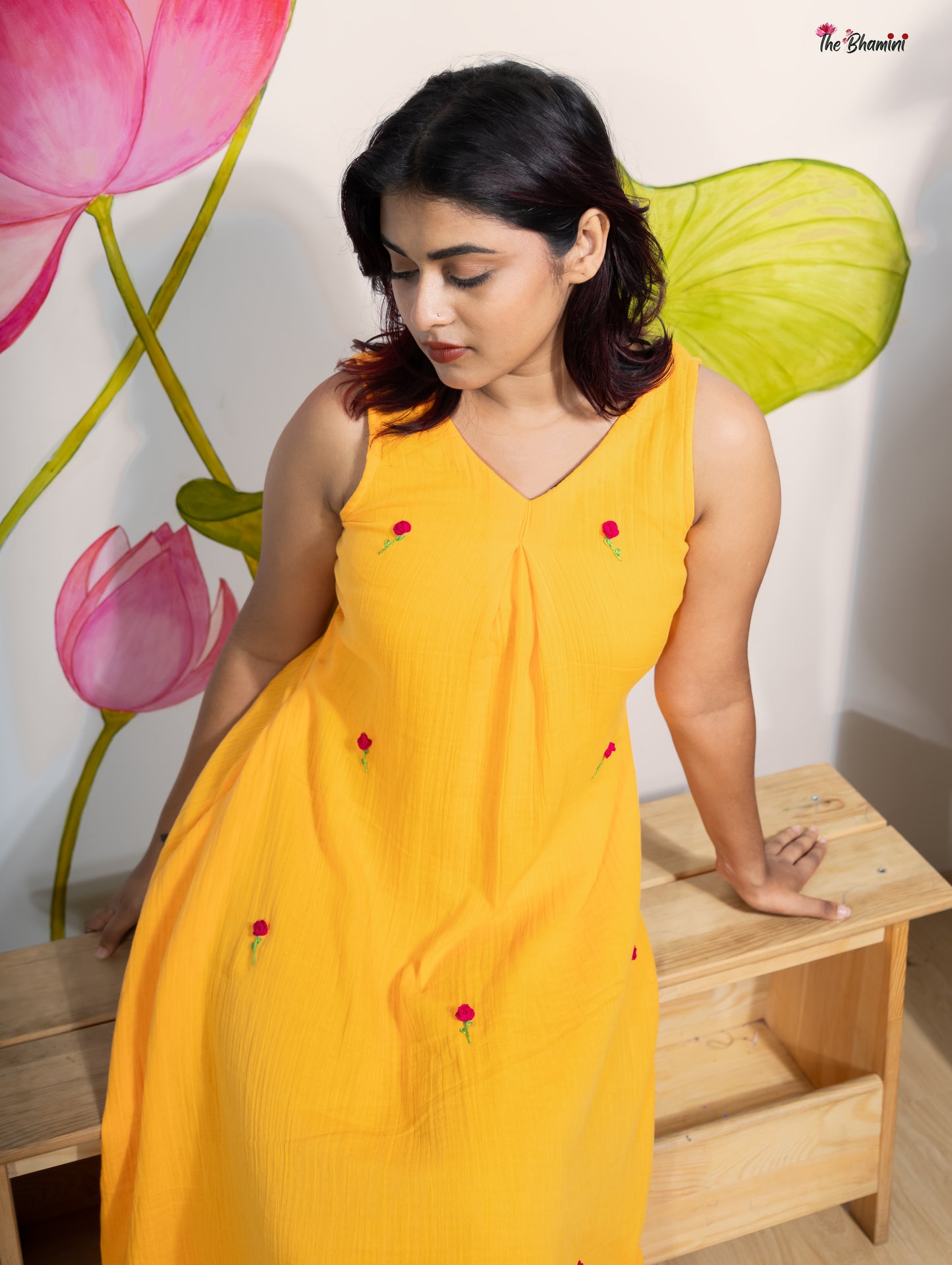 Earthly Sunset Charm: Handcrafted Cotton Gauze Dress