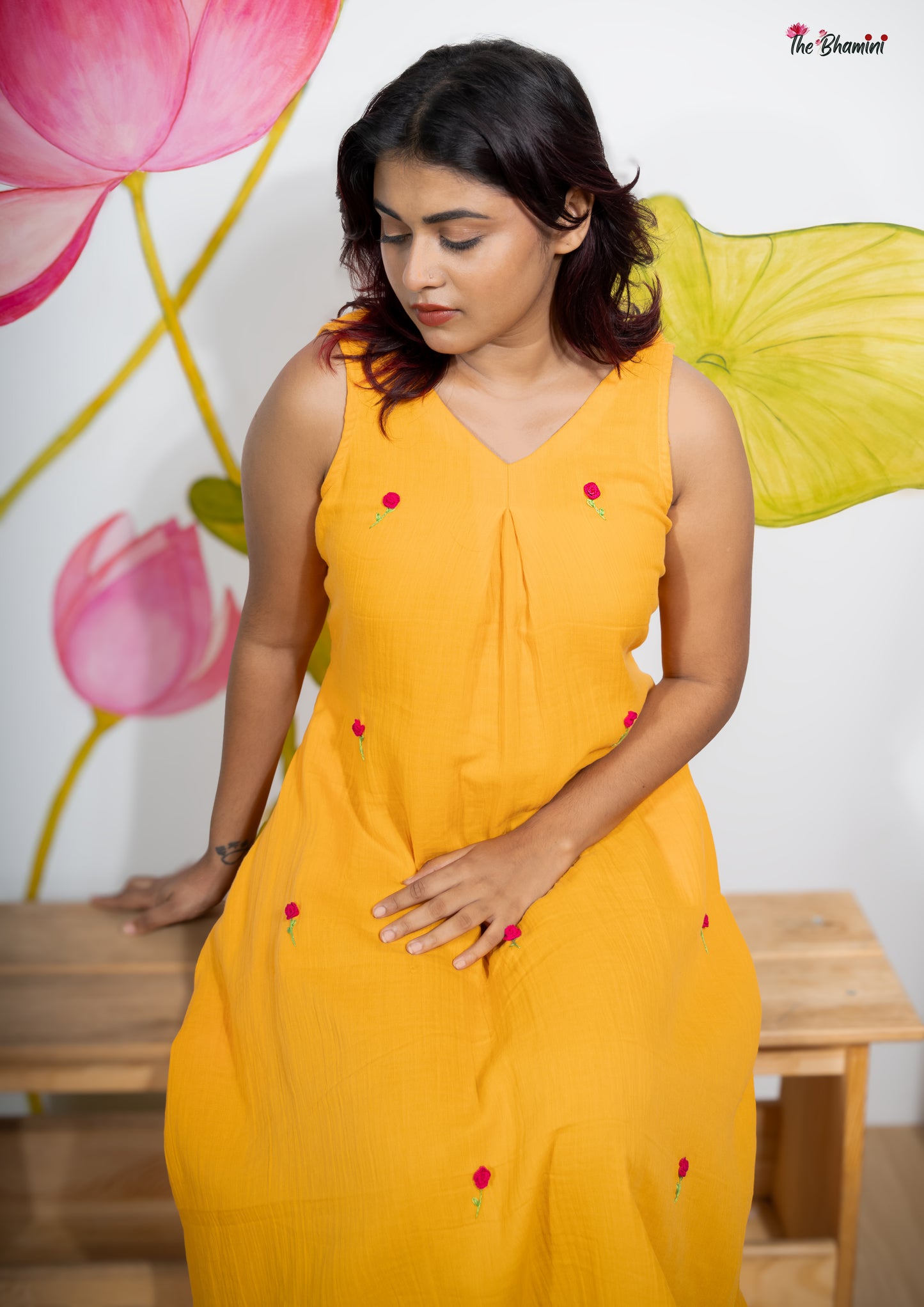 Earthly Sunset Charm: Handcrafted Cotton Gauze Dress