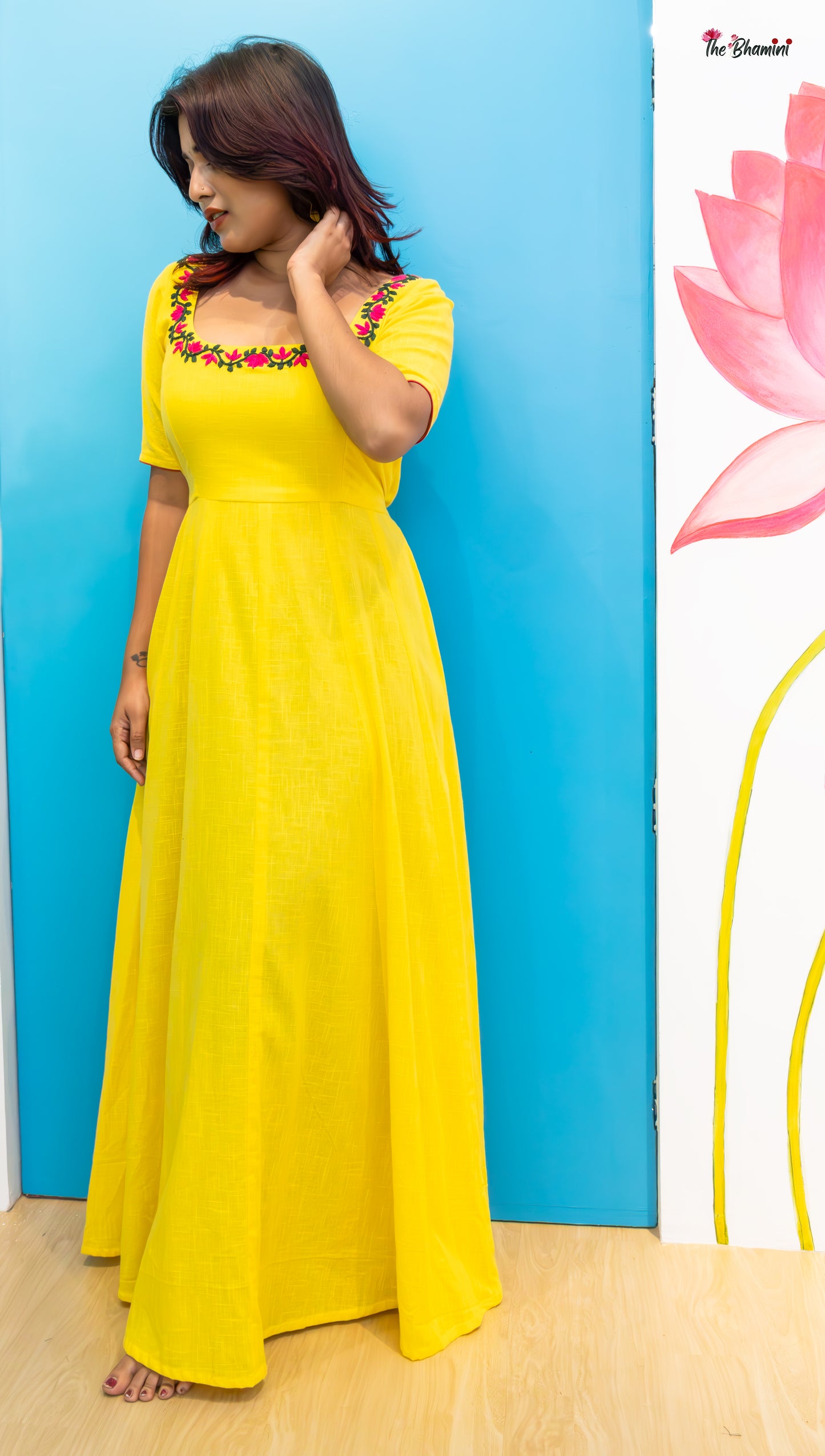 Lotus Bloom: Yellow Cotton Frock with Hand Embroidery