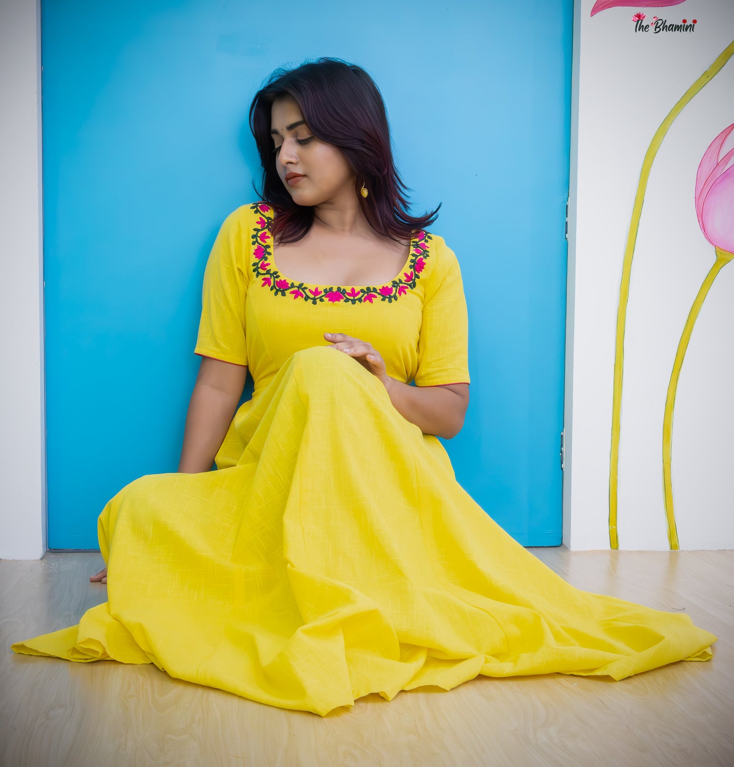 Lotus Bloom: Yellow Cotton Frock with Hand Embroidery