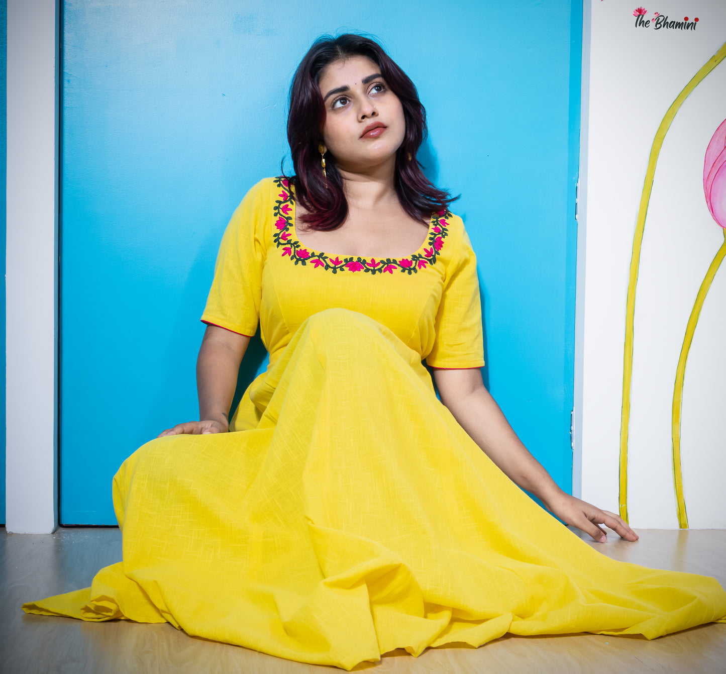 Lotus Bloom: Yellow Cotton Frock with Hand Embroidery