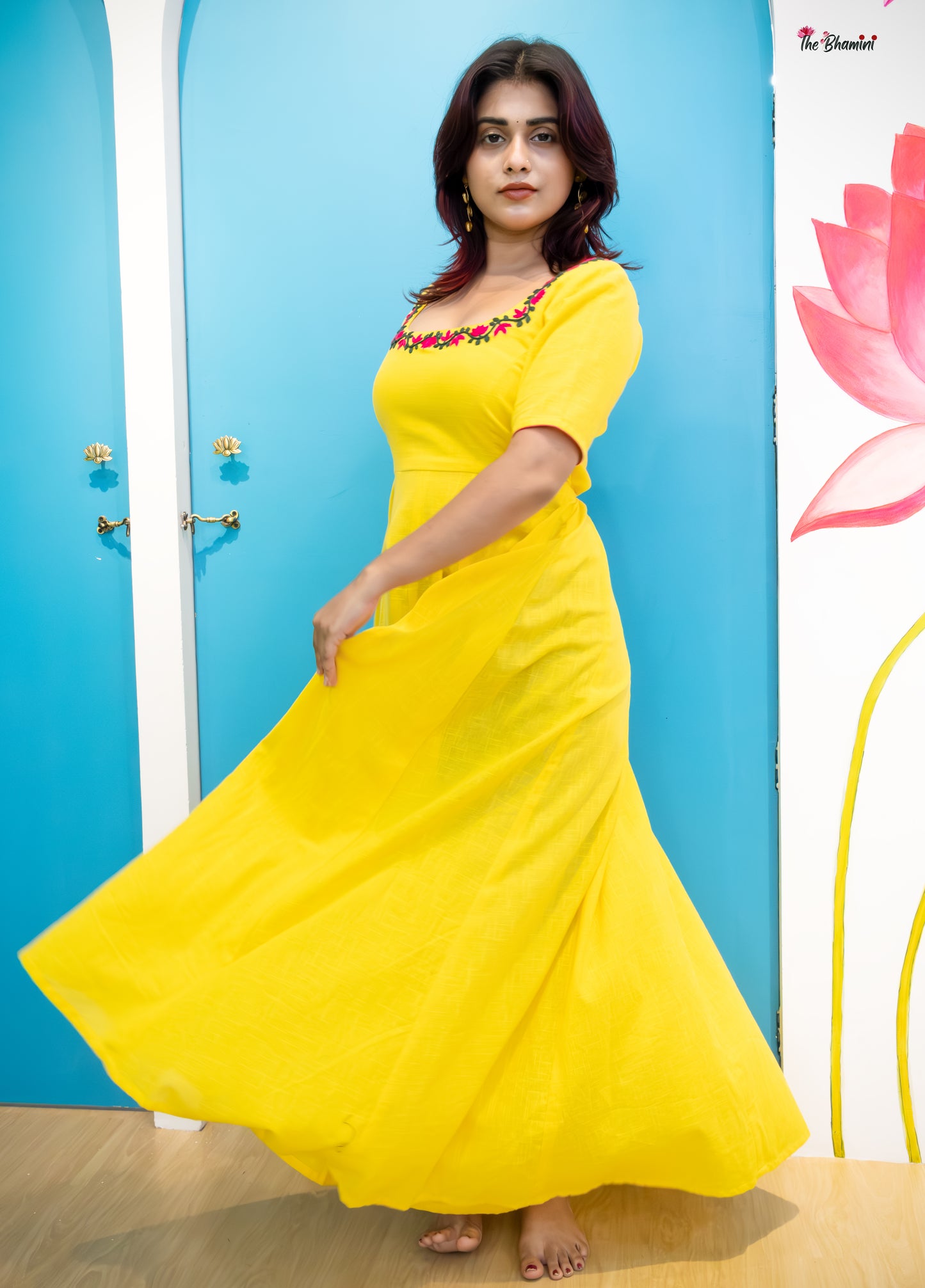 Lotus Bloom: Yellow Cotton Frock with Hand Embroidery
