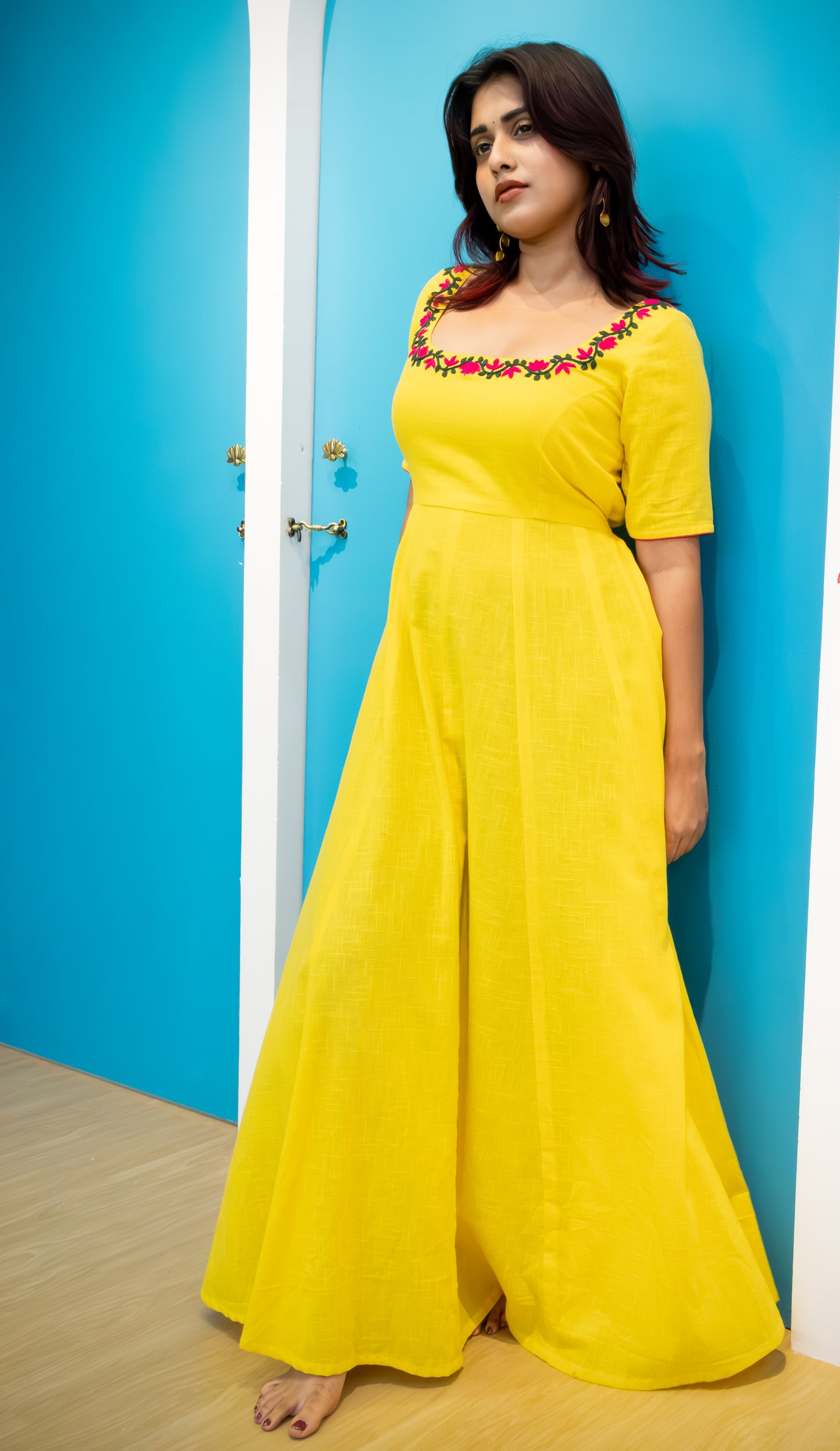 Lotus Bloom: Yellow Cotton Frock with Hand Embroidery