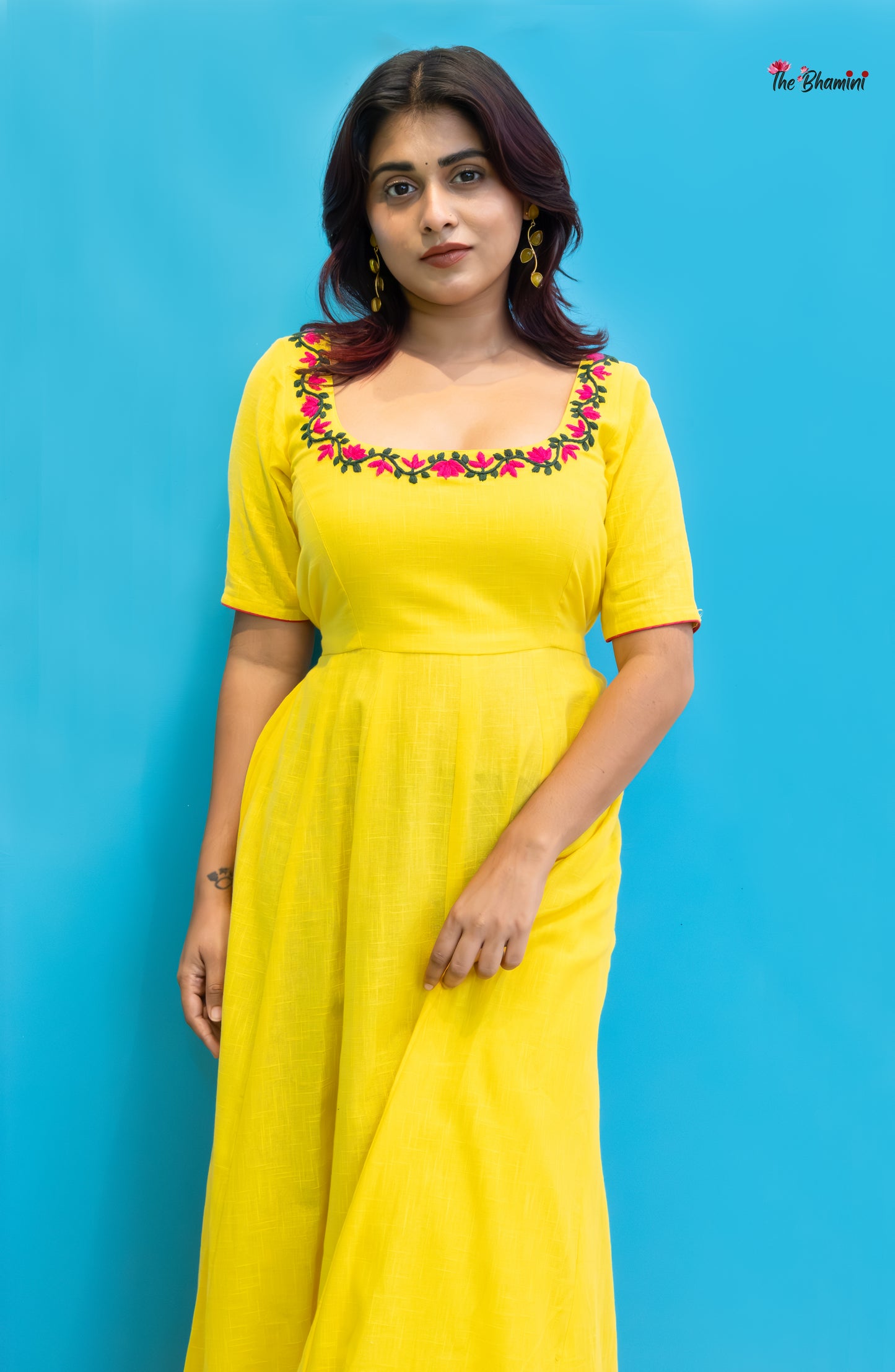 Lotus Bloom: Yellow Cotton Frock with Hand Embroidery