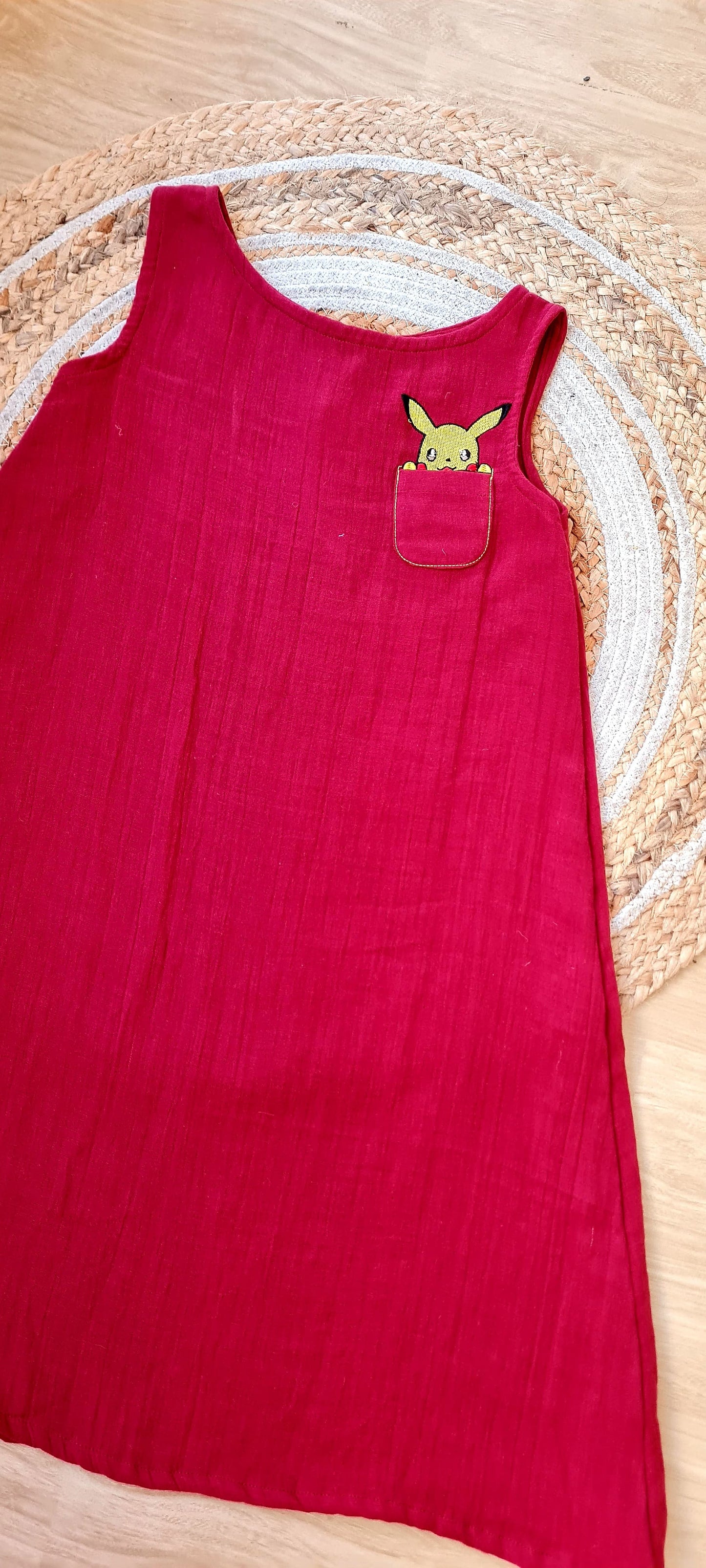 Maroon Pikachu Embroidered Gauze Frock for Kids-KD0004
