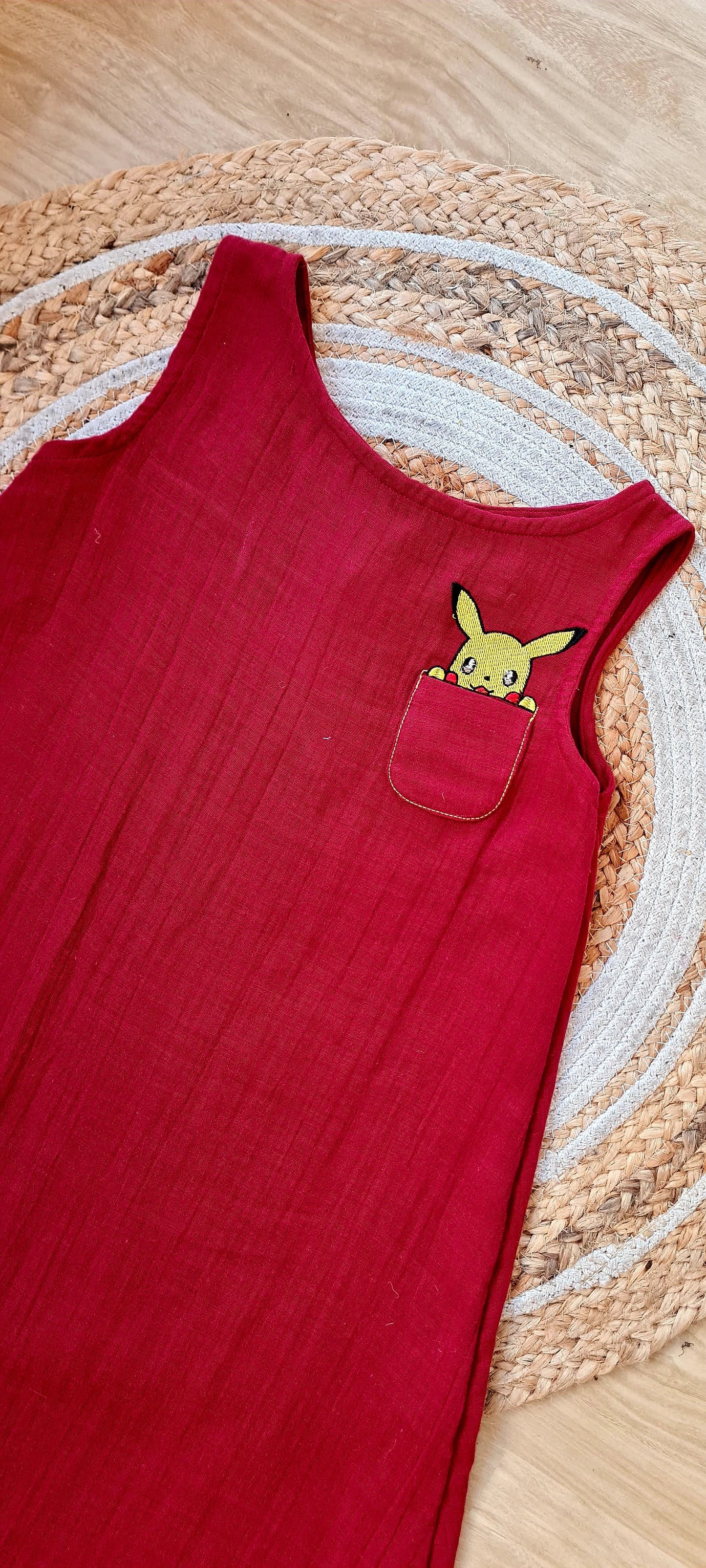 Maroon Pikachu Embroidered Gauze Frock for Kids-KD0004