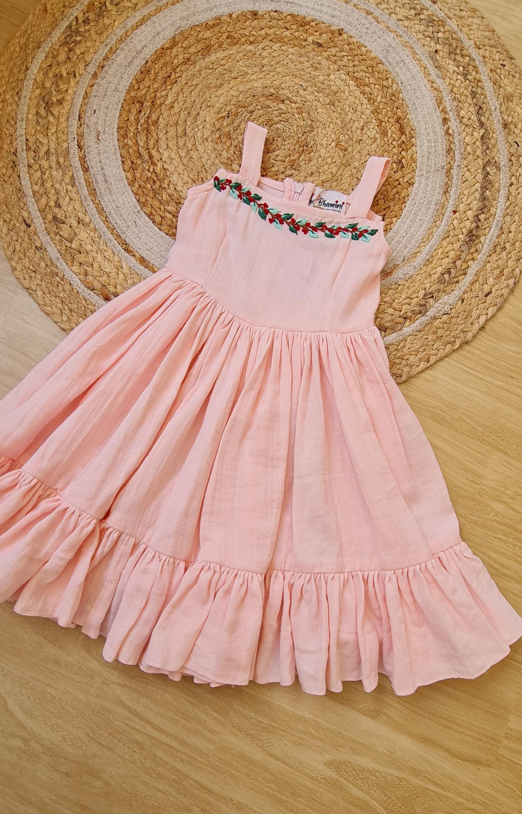 Baby Pink Hand-Embroidered Muslin Frock-KD0007 Bhamini Designer Studio Baby Pink Hand-Embroidered Muslin Frock-KD0007 Bhamini Designer Studio
