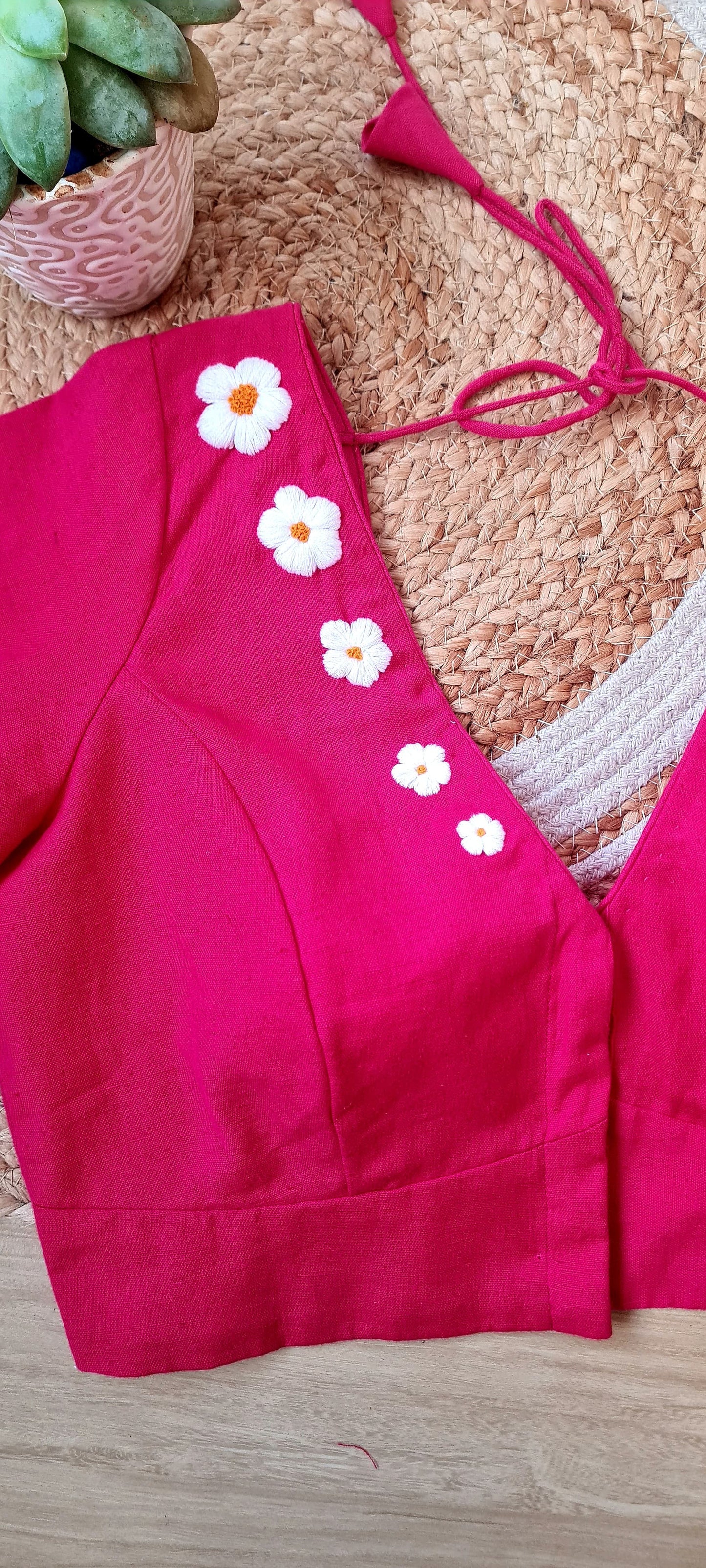 Rosy Elegance Blouse - Bright Pink Cotton with White Floral Embroidery - BL0005