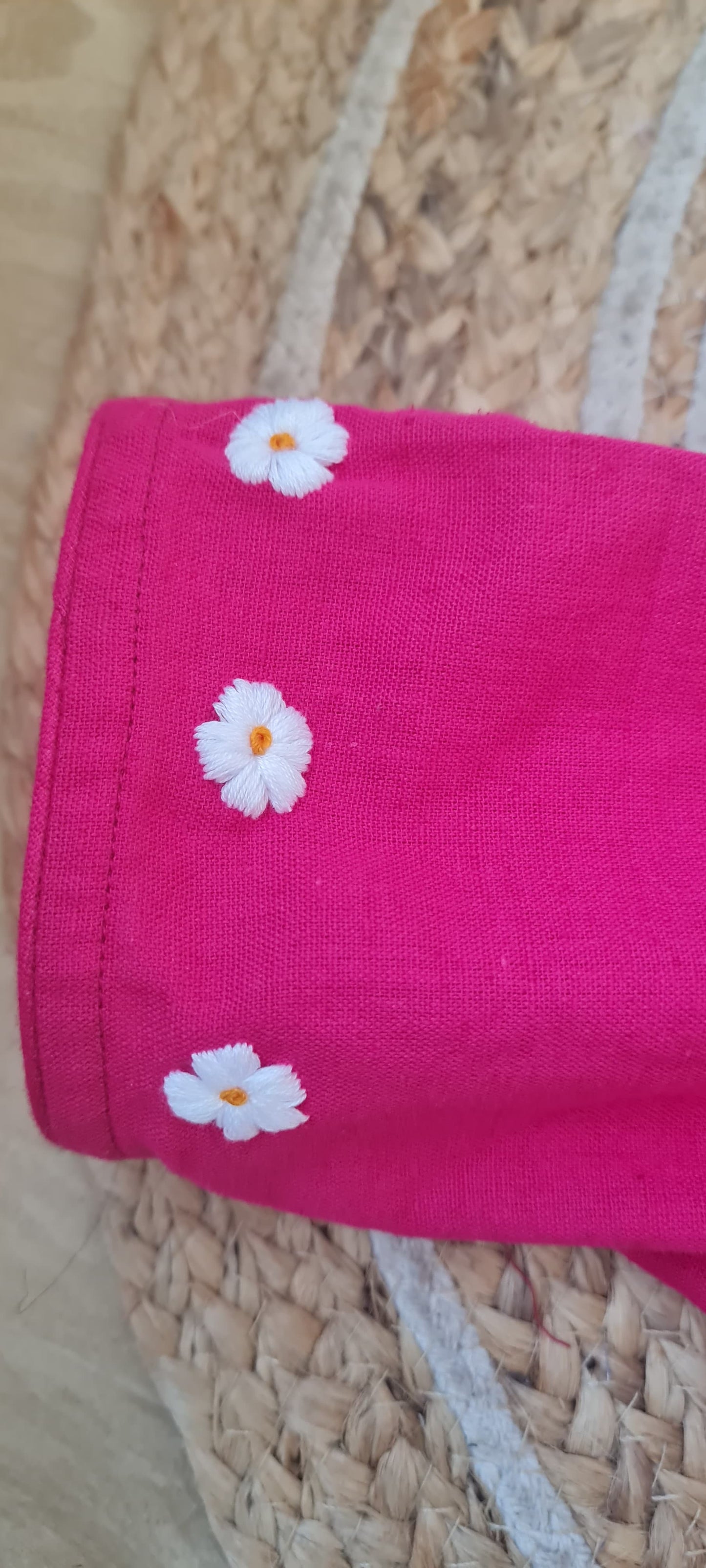 Rosy Elegance Blouse - Bright Pink Cotton with White Floral Embroidery - BL0005