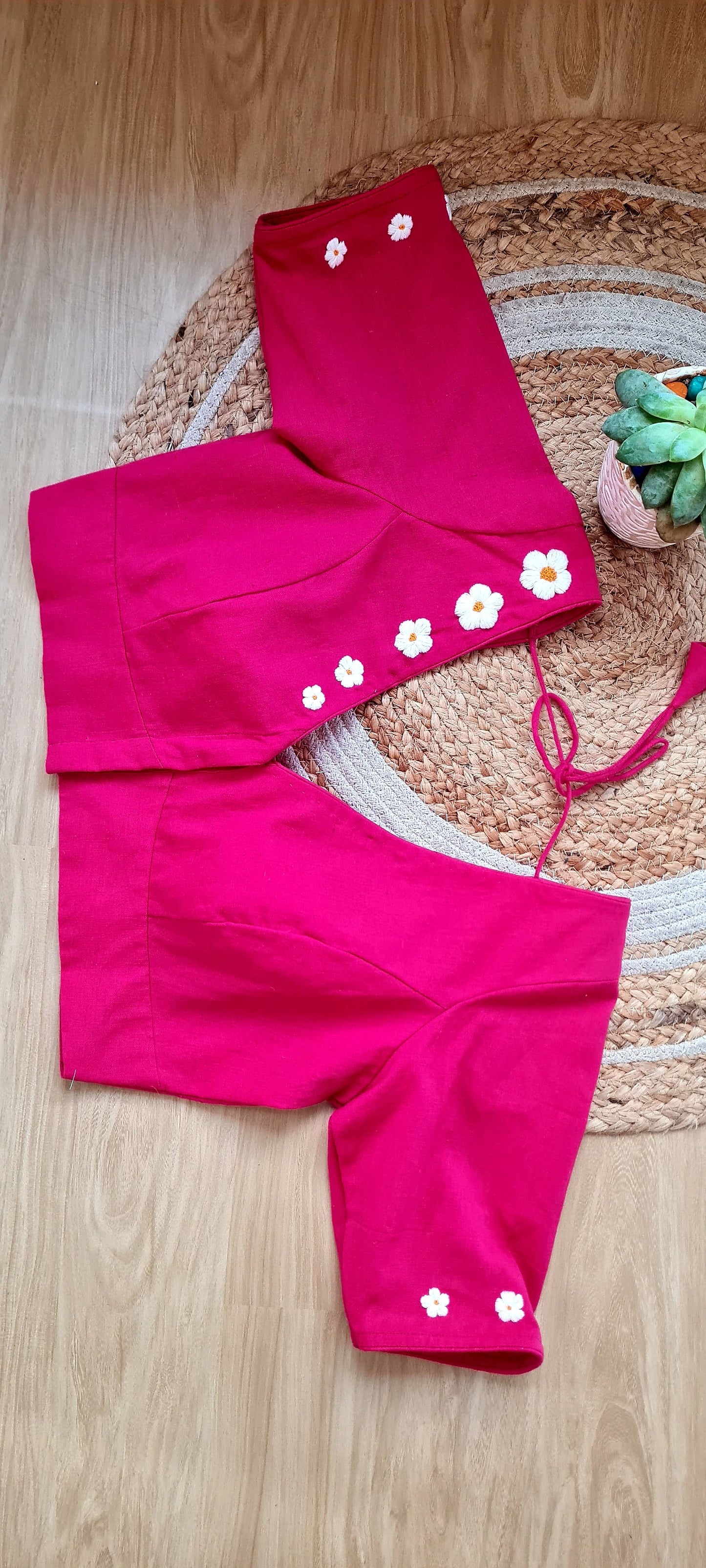 Rosy Elegance Blouse - Bright Pink Cotton with White Floral Embroidery - BL0005