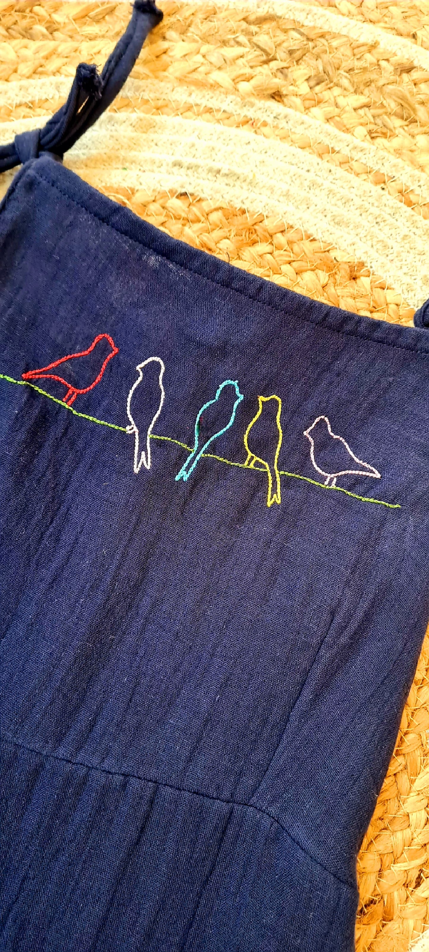 Navy Blue Gauze Cotton Kids' Comfort Wear with Bird Embroidery-KD0006