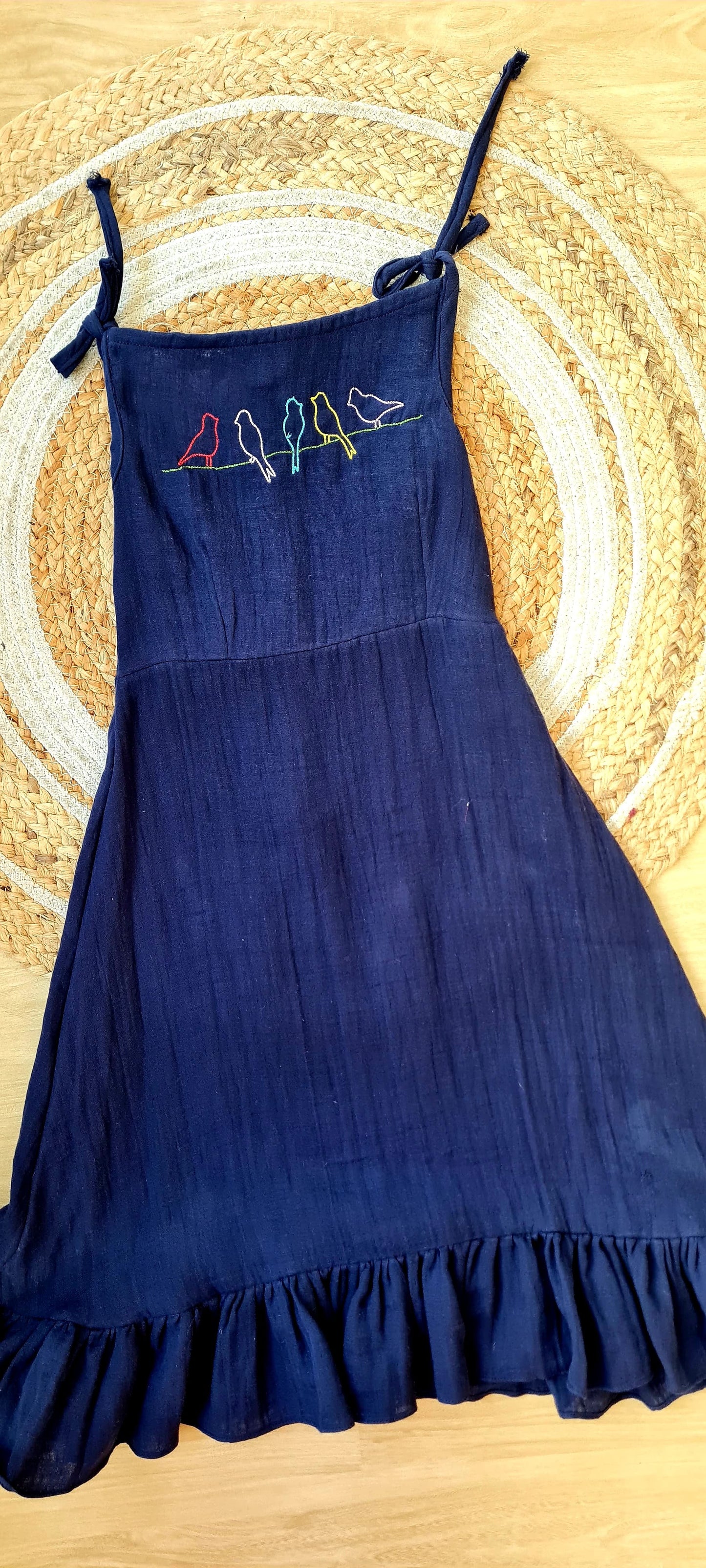 Navy Blue Gauze Cotton Kids' Comfort Wear with Bird Embroidery-KD0006