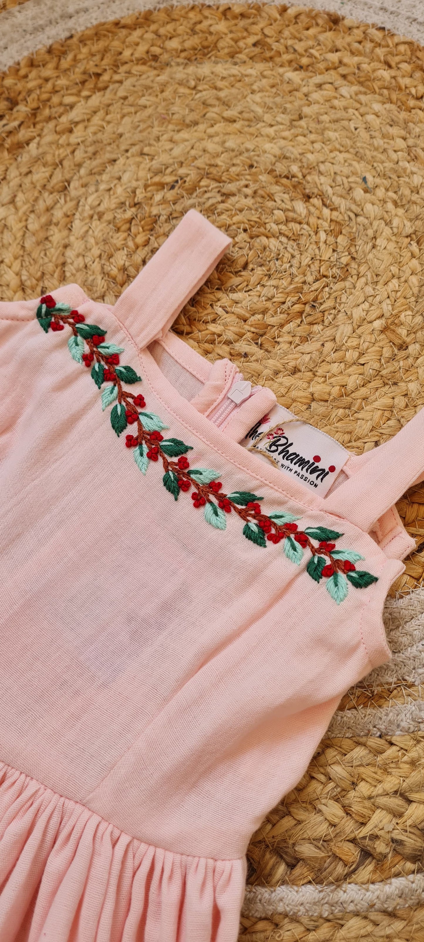Baby Pink Hand-Embroidered Muslin Frock-KD0007