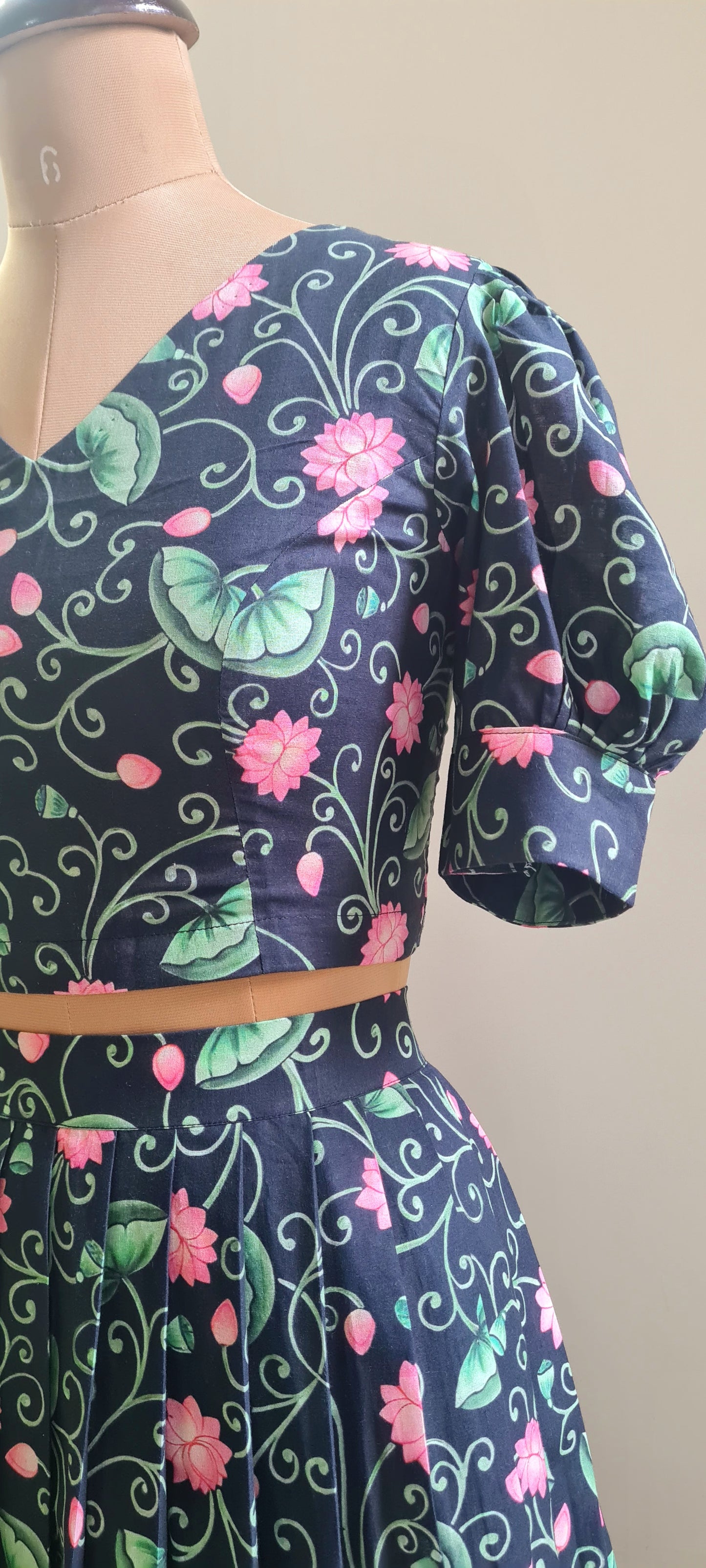 Eternal Elegance: Black Cotton Lotus Print Skirt and Top Ensemble