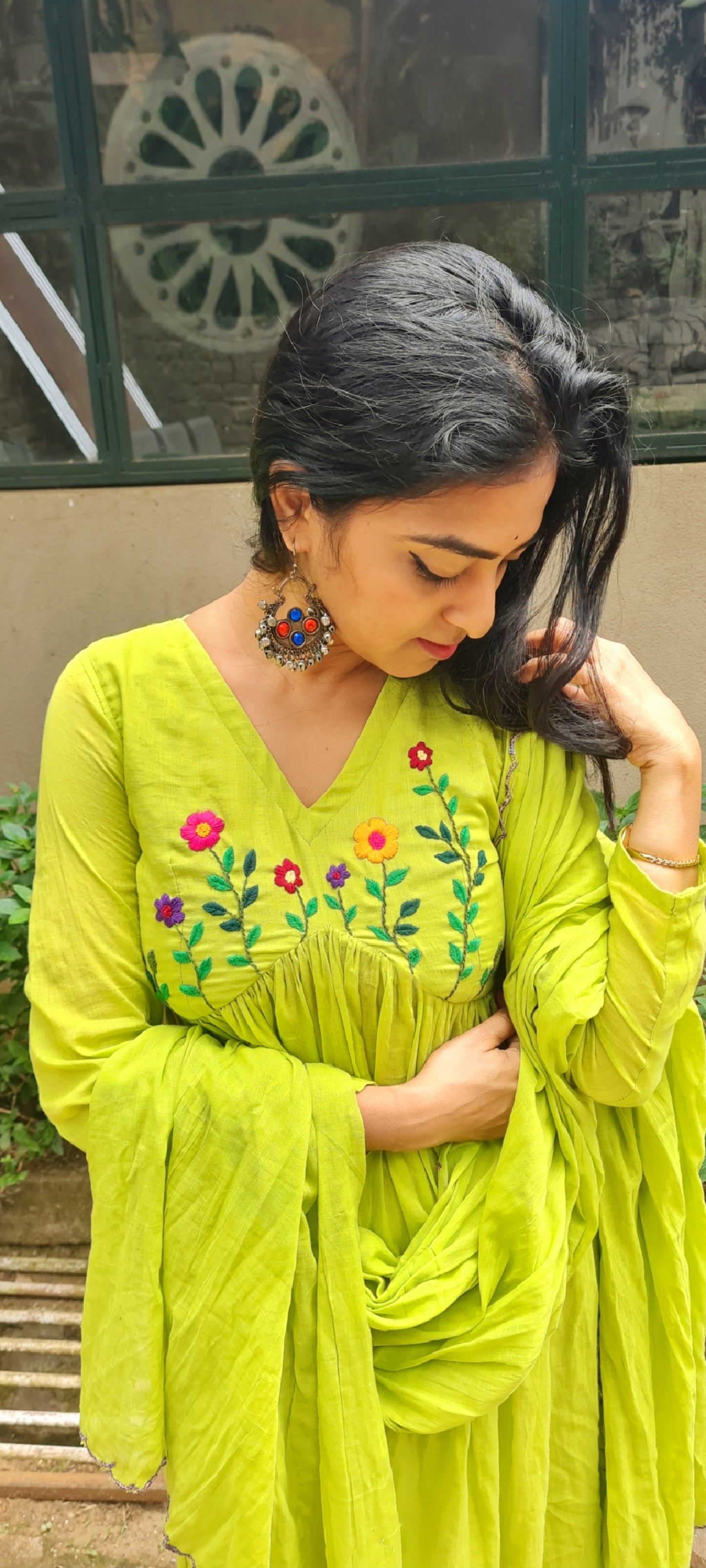 Parrot Green Alia Cut Mul Cotton Top with Dupatta | Hand Embroidery Elegance