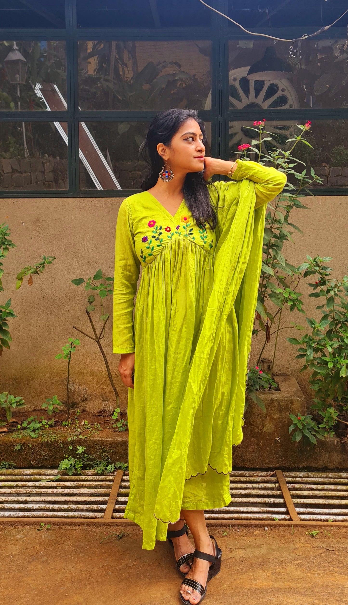 Parrot Green Alia Cut Mul Cotton Top with Dupatta | Hand Embroidery Elegance