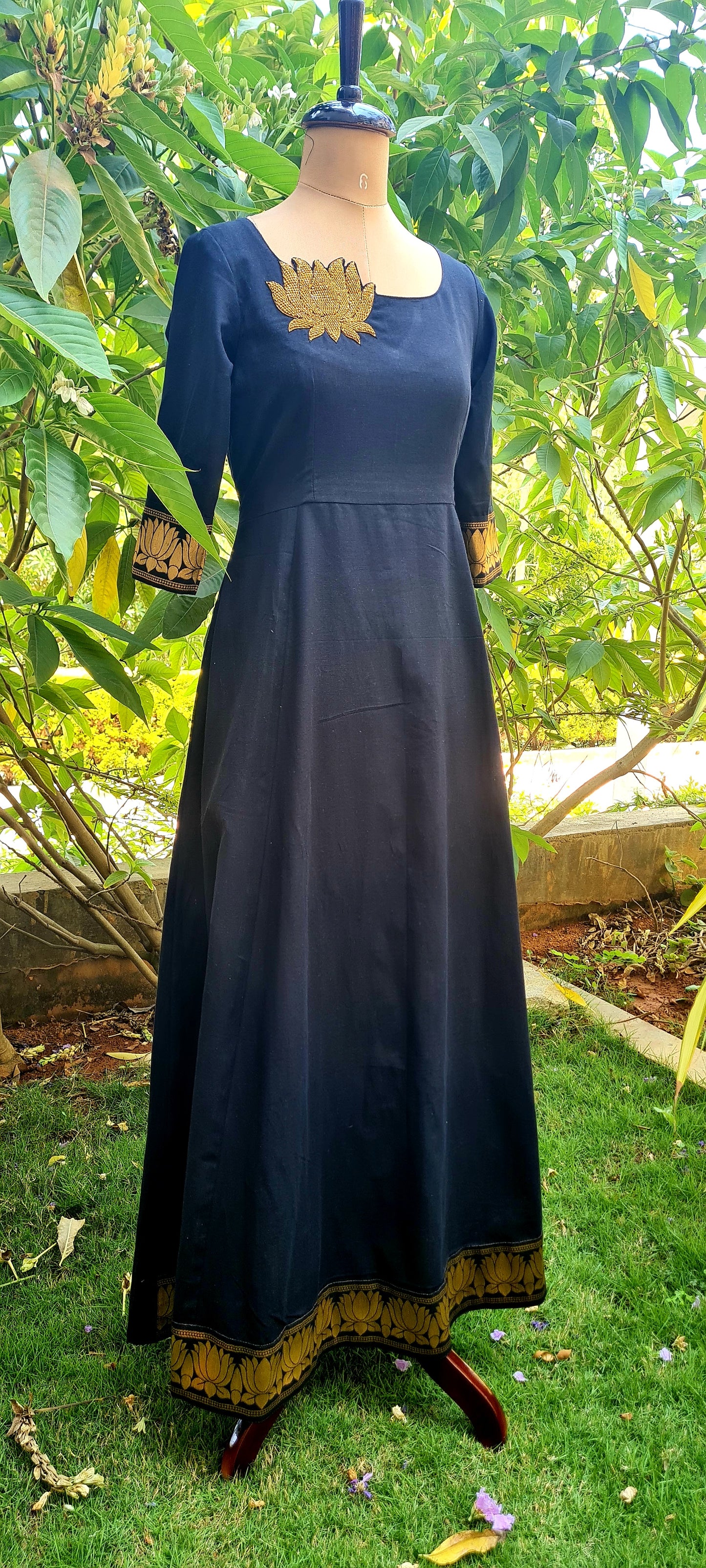 Lotus Bloom: Elegant Black Cotton Frock