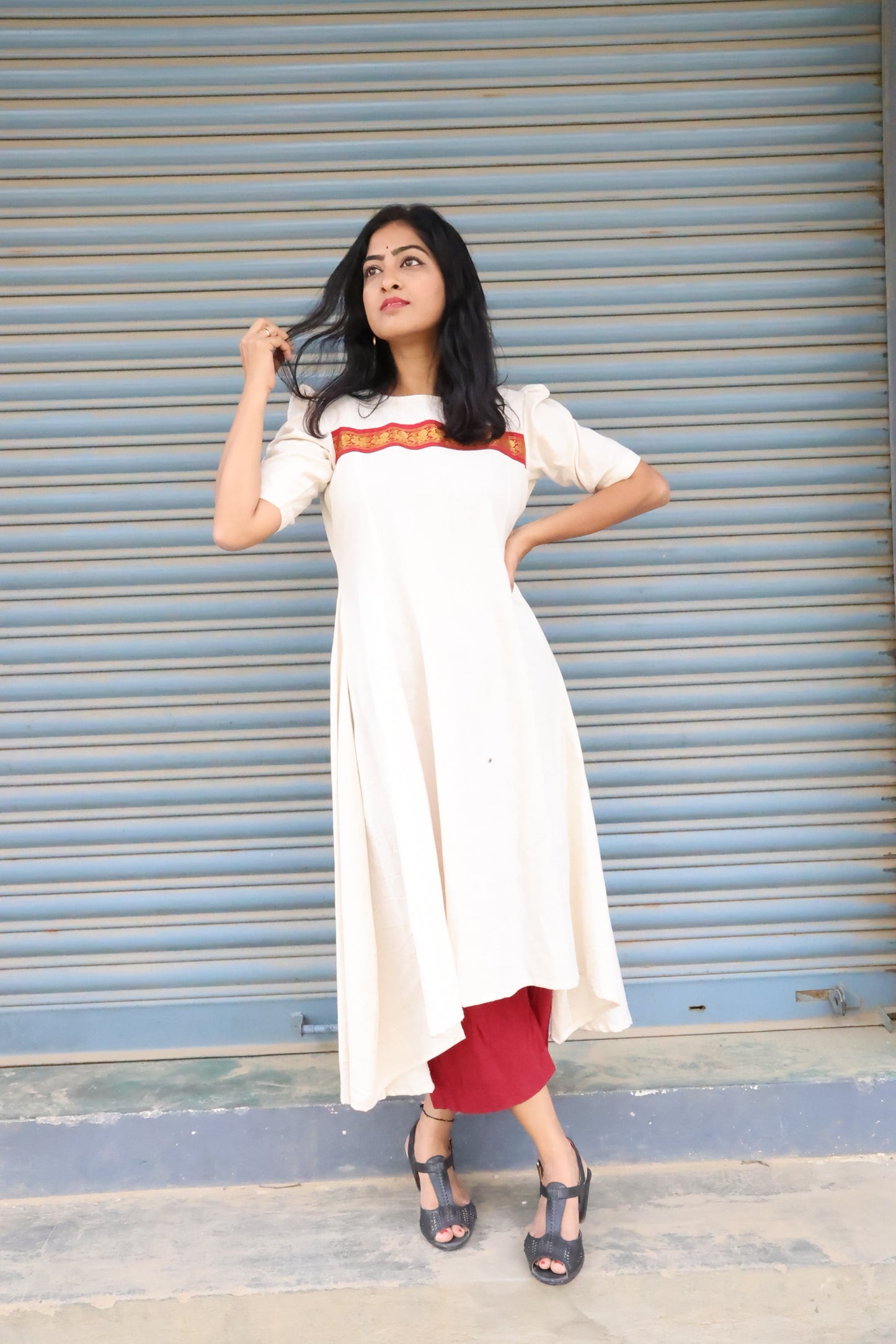 Traditional Charm: Off-White and Maroon Kurti Frock