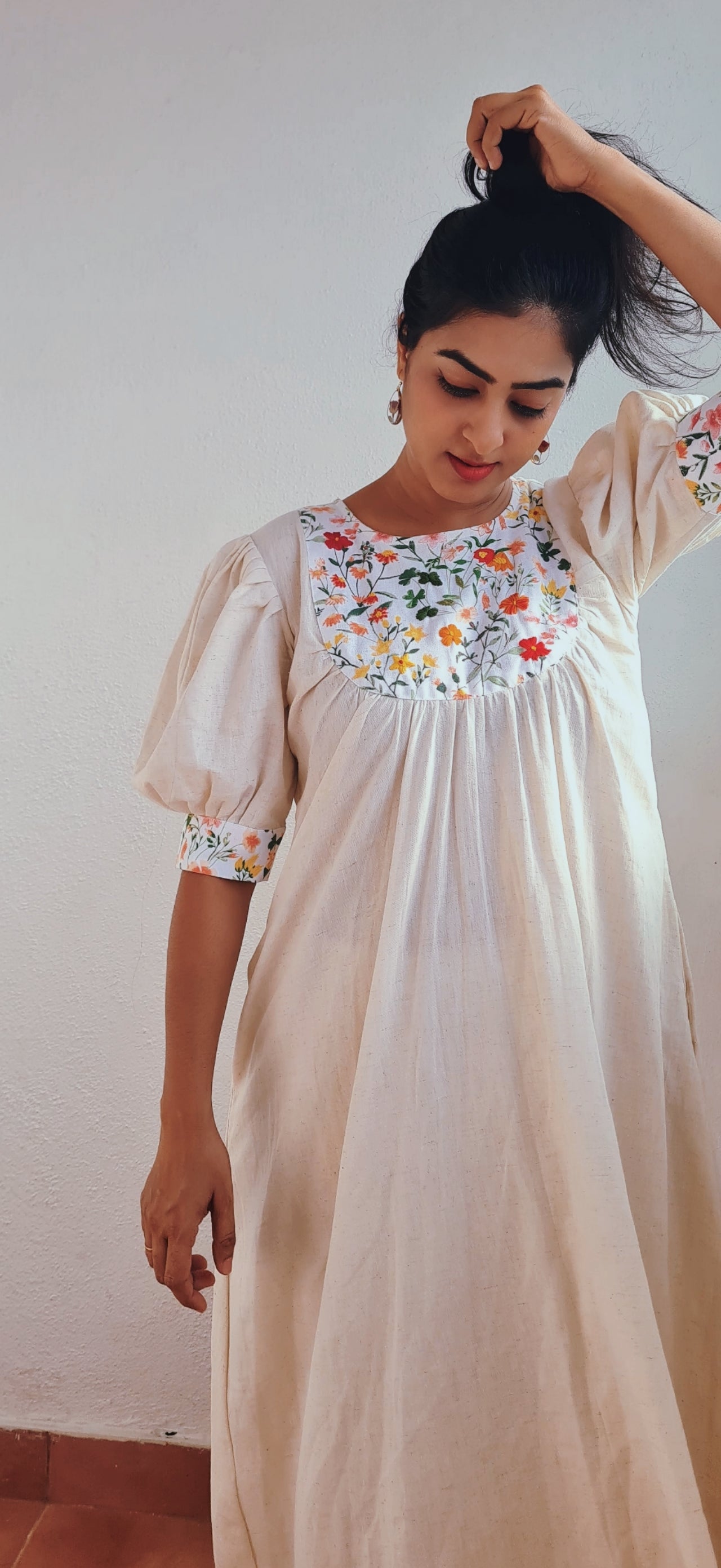 Summer Garden Blooms: Off-White Frock with Hand-Embroidered Floral Patch