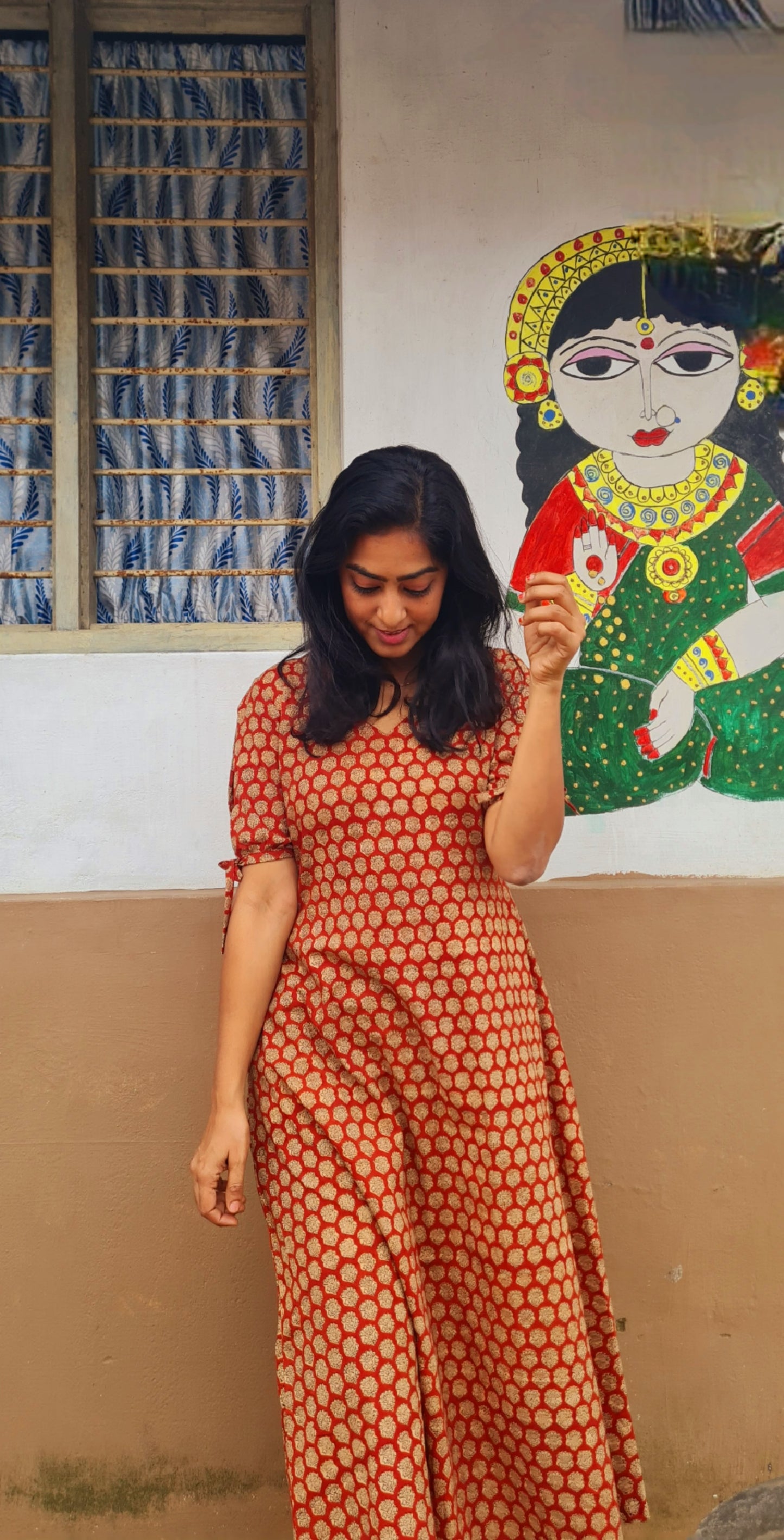 Heritage Chic: Brick Red & Black Hand Block Printed Frock