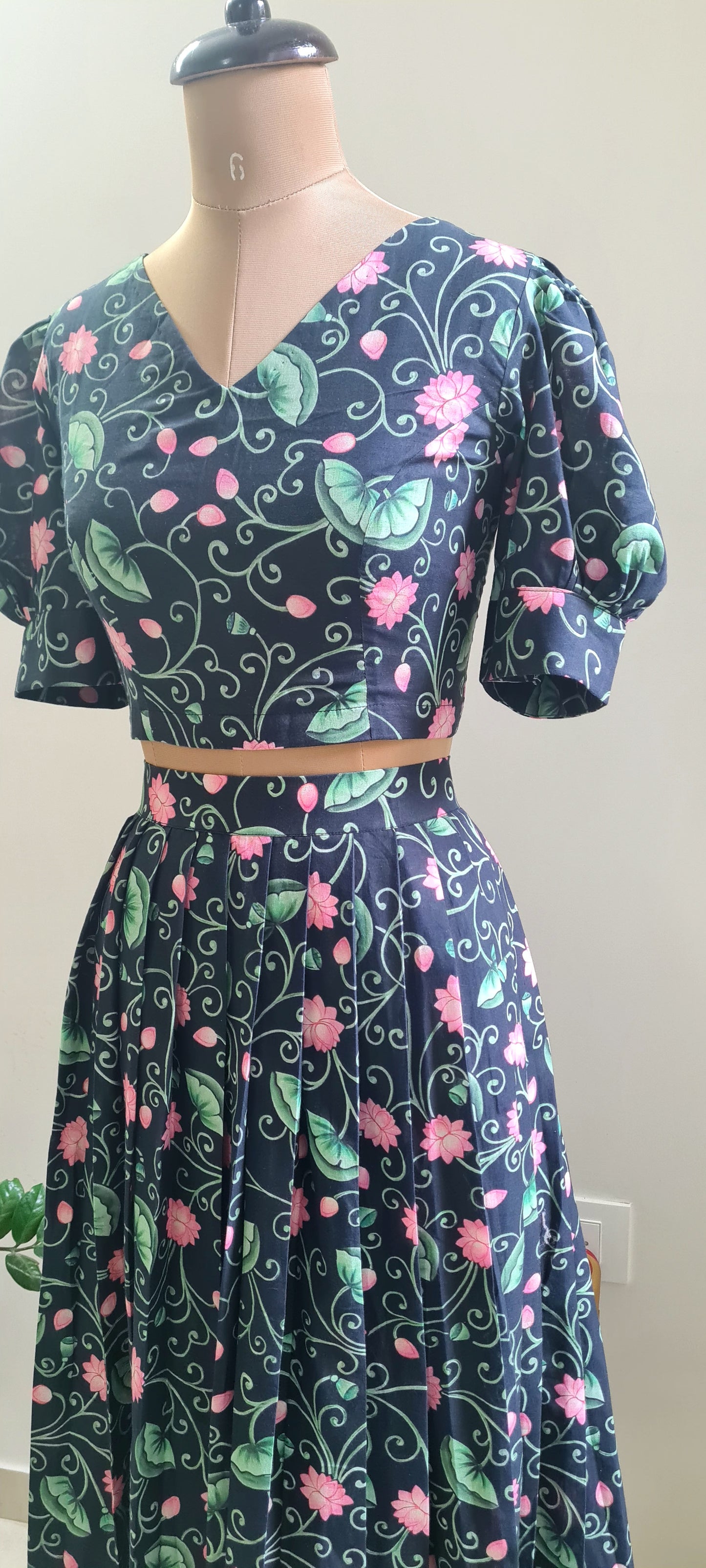 Eternal Elegance: Black Cotton Lotus Print Skirt and Top Ensemble