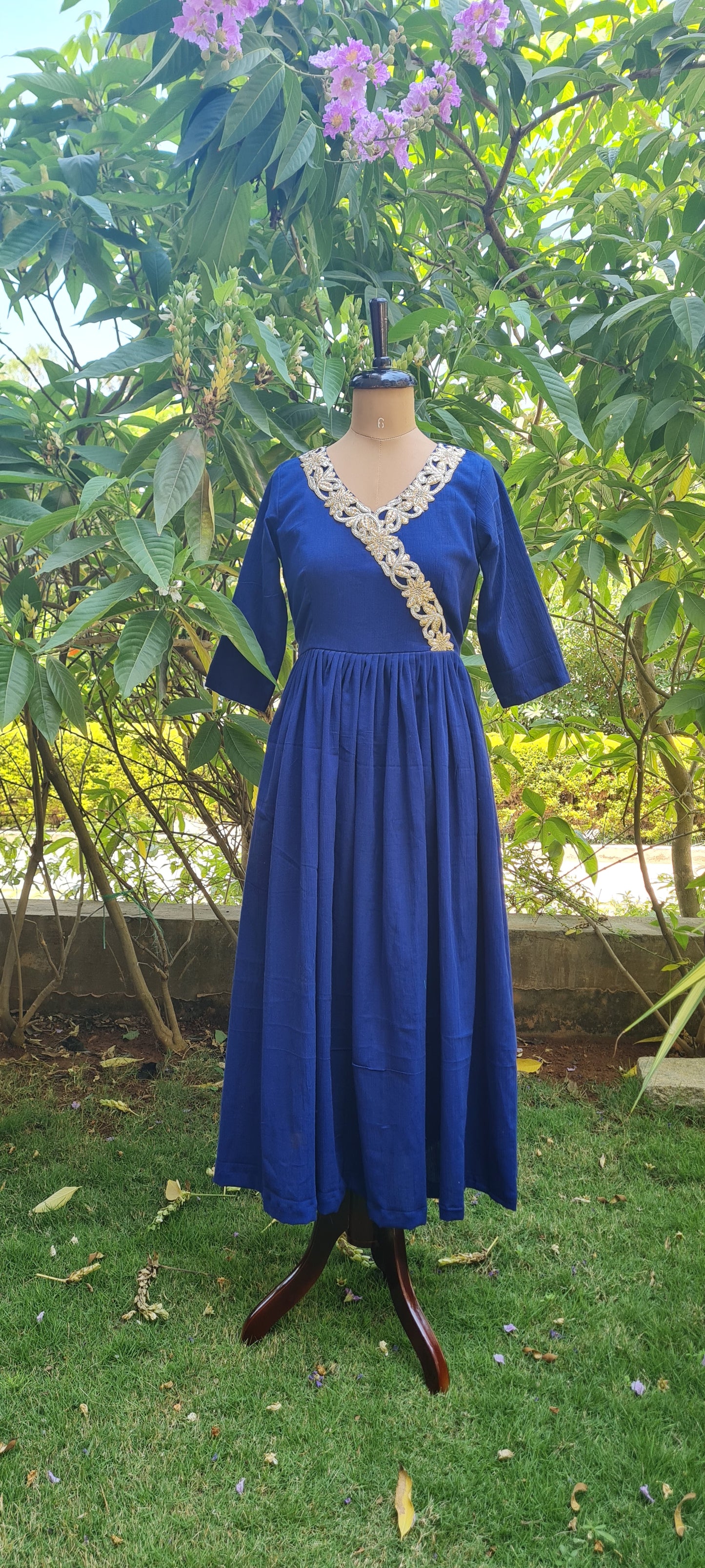 Navy Blue Crush Cotton Frock With Cut work detailing