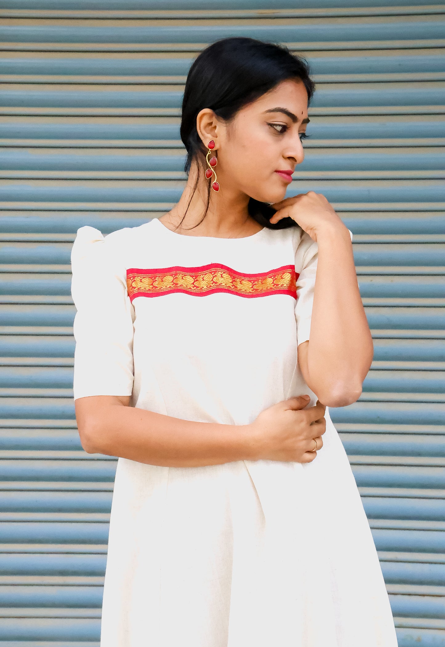 Traditional Charm: Off-White and Maroon Kurti Frock