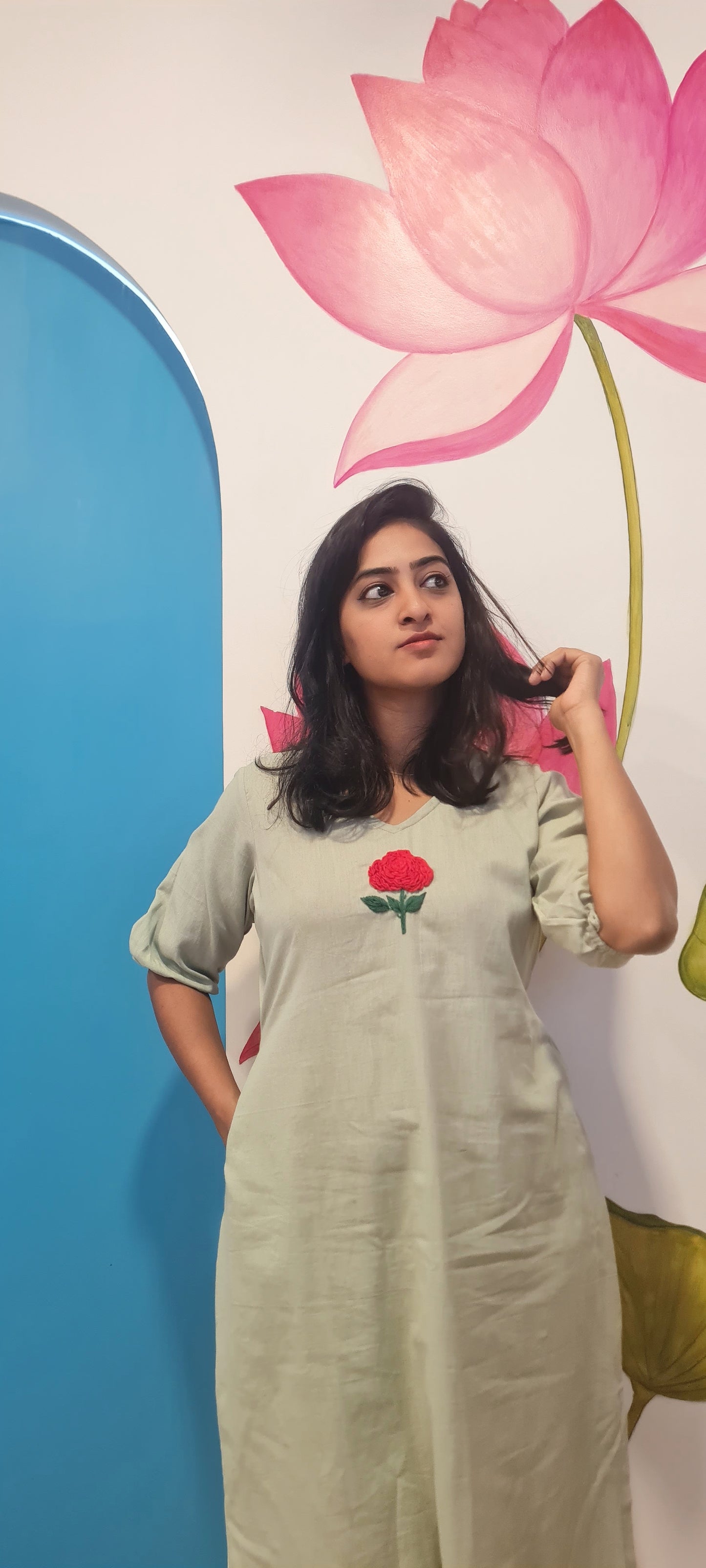 Pista Green Hand Embroidered Elegance - Handcrafted Cotton Top with Pocket