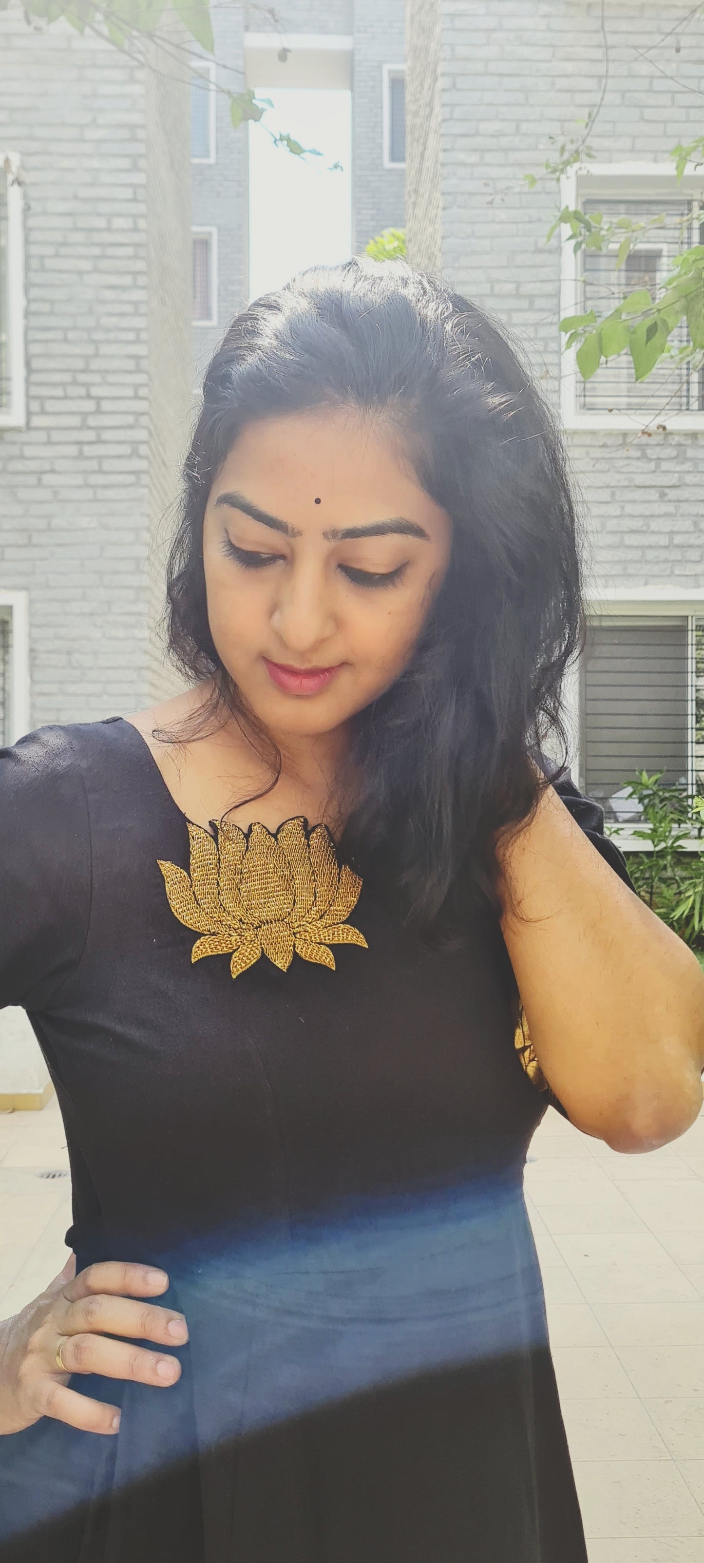 Lotus Bloom: Elegant Black Cotton Frock