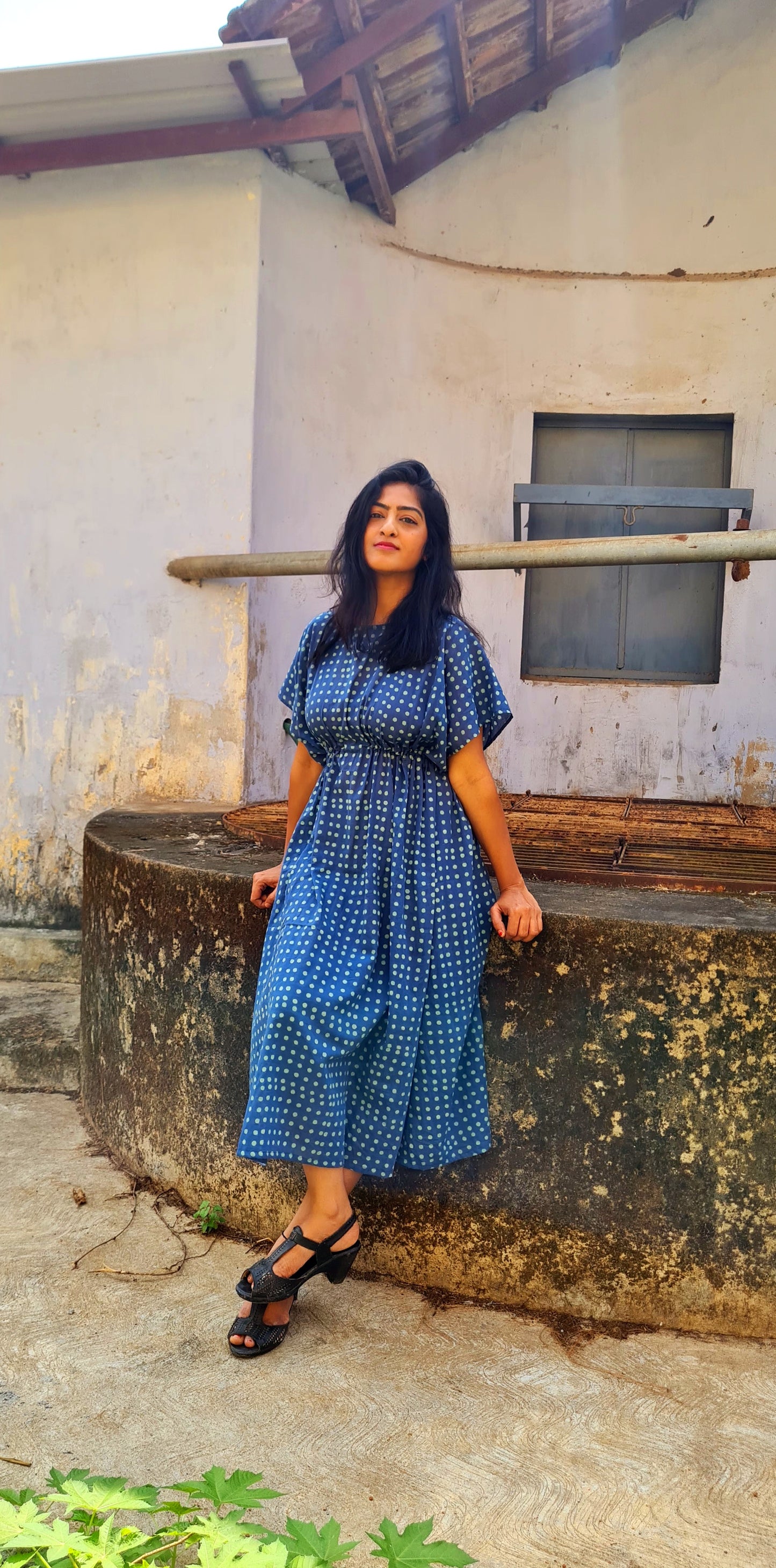 Breezy Elegance: Blue Polka Mul Cotton Kaftan Frock