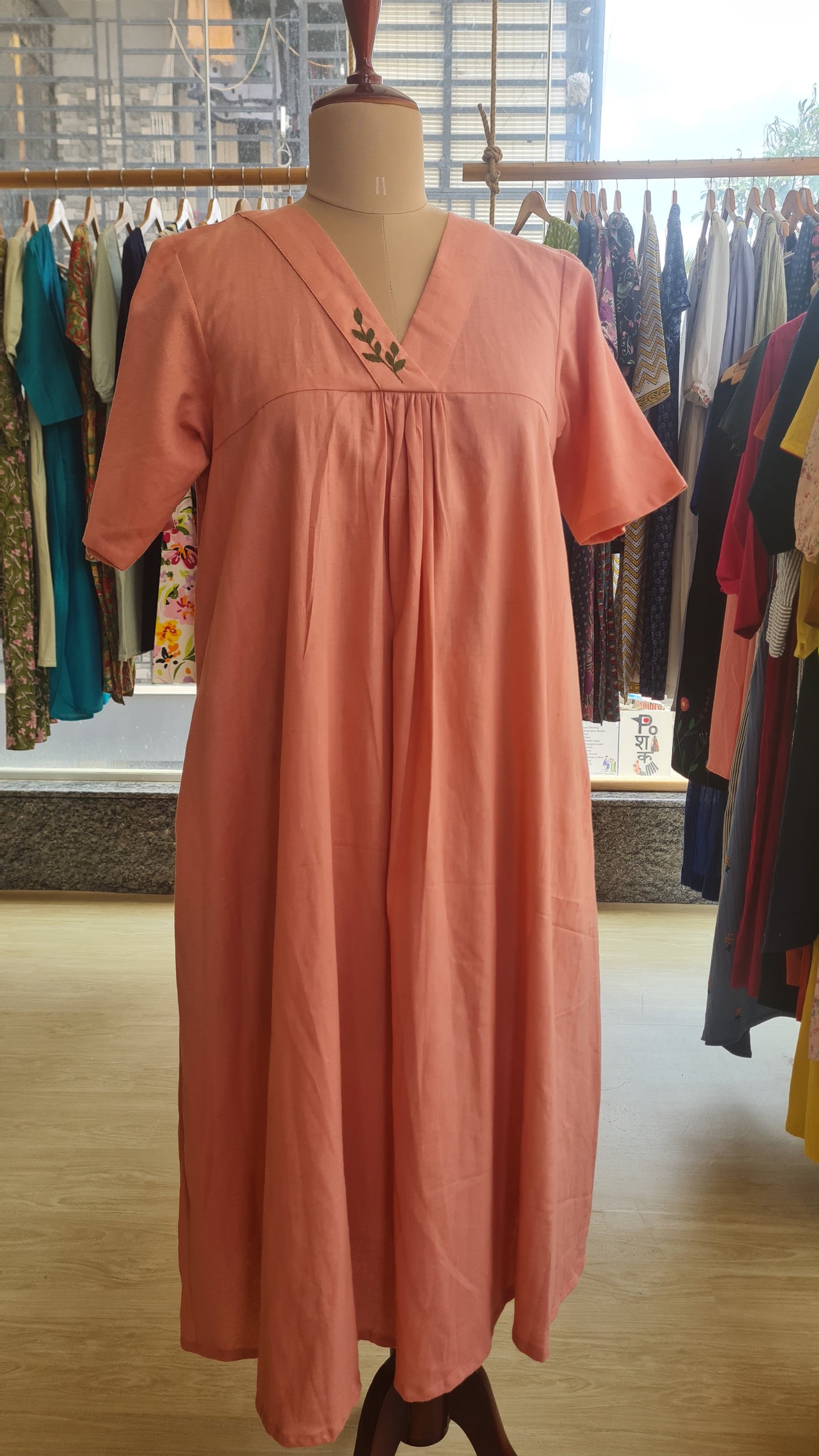 Blush Breeze: Hand-Embroidered Cotton Comfort Dress