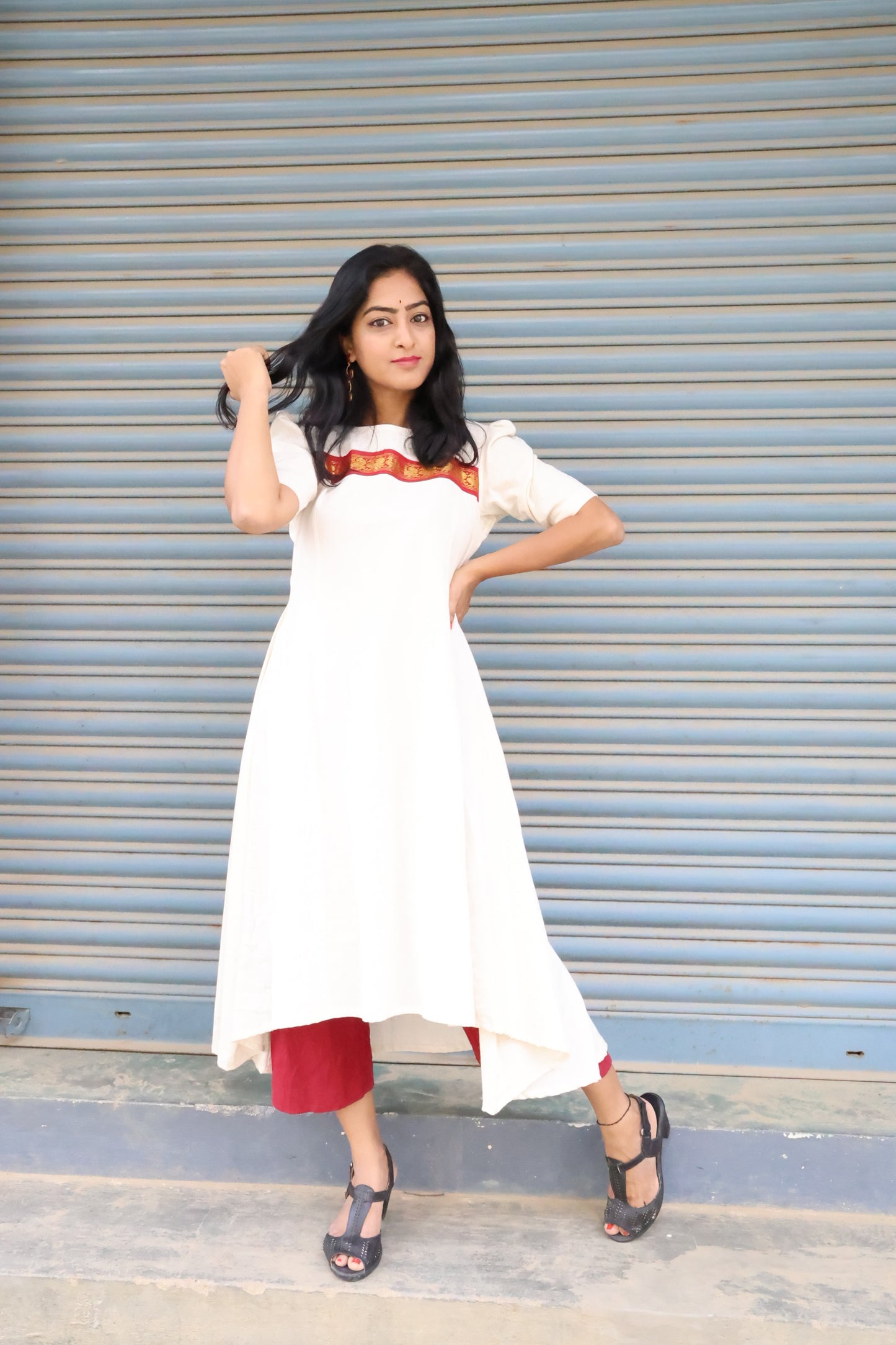 Traditional Charm: Off-White and Maroon Kurti Frock