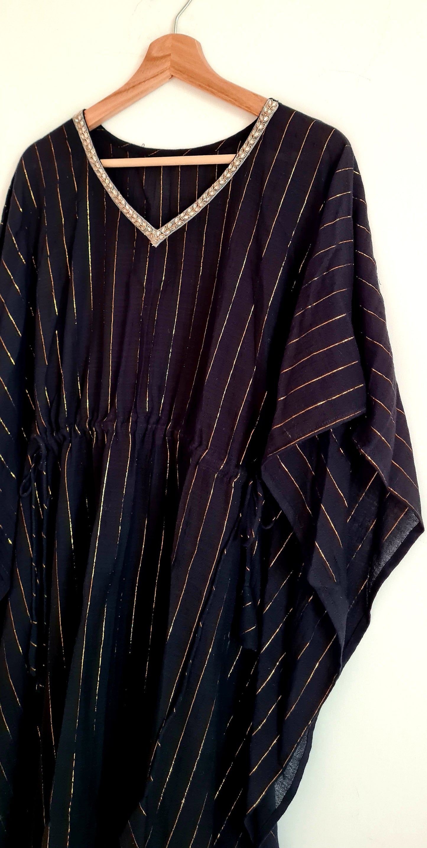 Black Gold Stripe Cotton Kaftan With Kundan Neck Work..