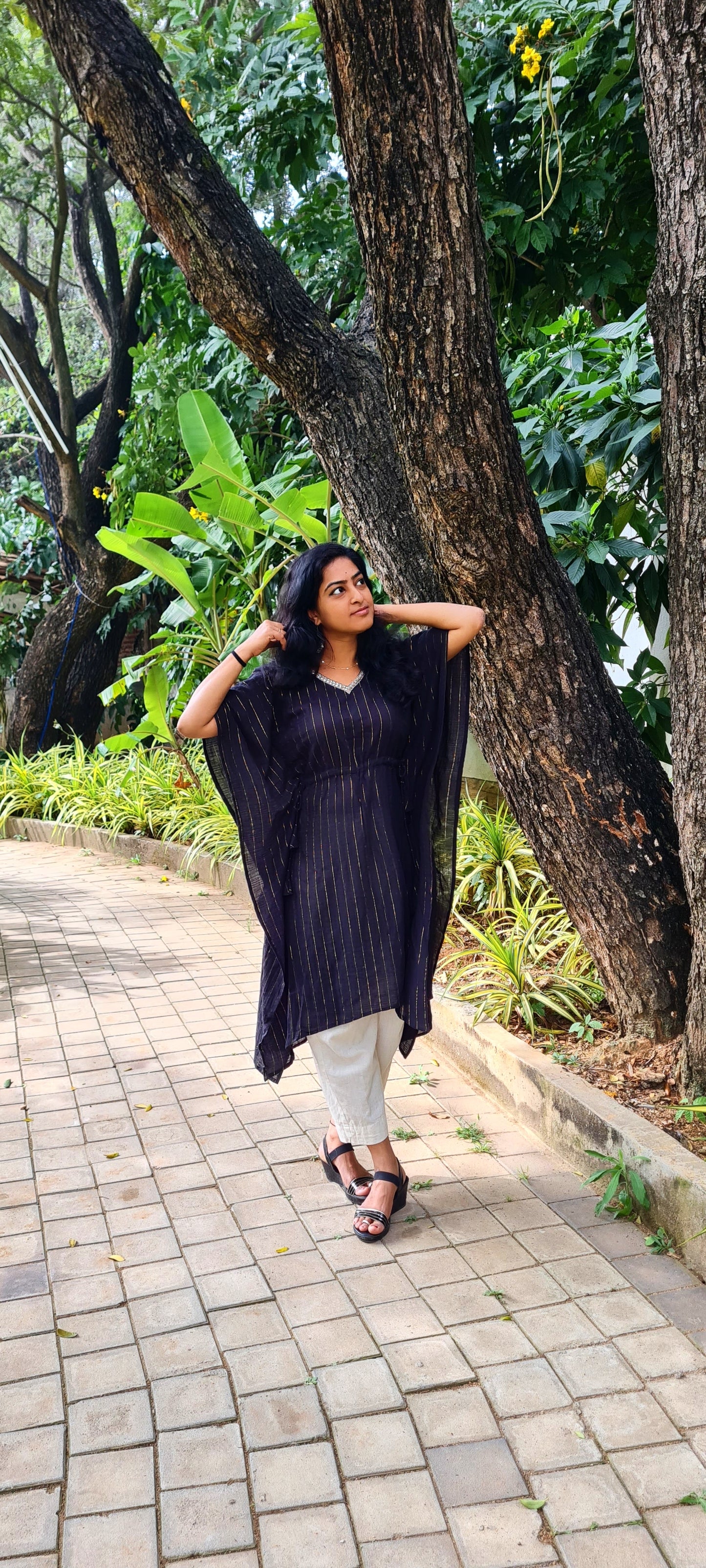 Black Gold Stripe Cotton Kaftan With Kundan Neck Work..