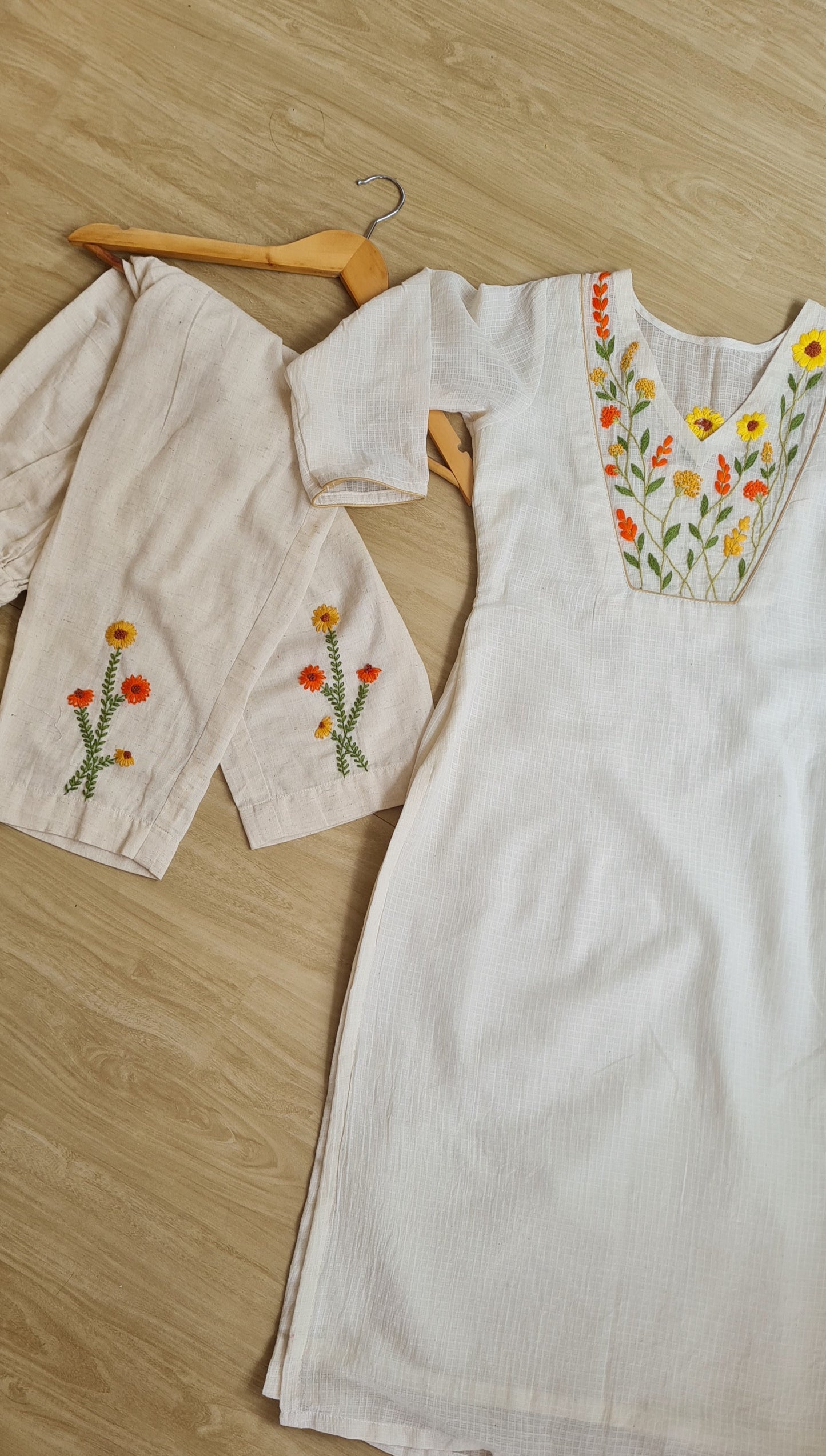 Marigold Meadow: Hand-Embroidered Onam Kurti Set