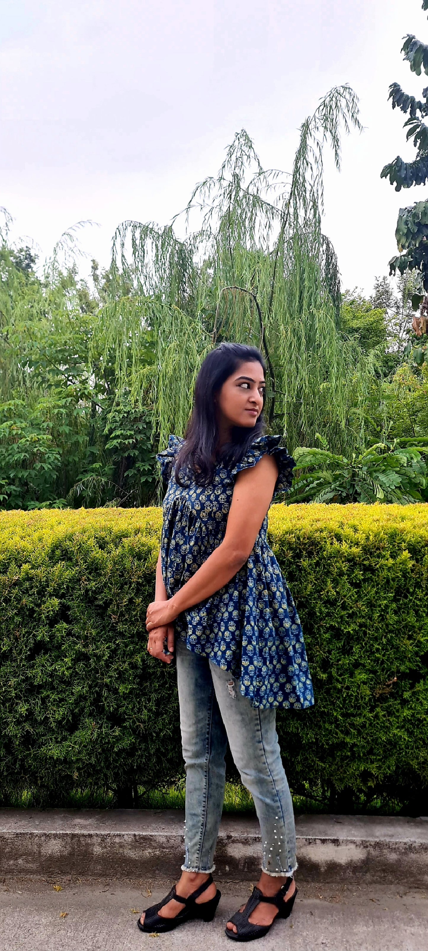 The V-Cut Ajrak Hand Block Printed Jeans Top