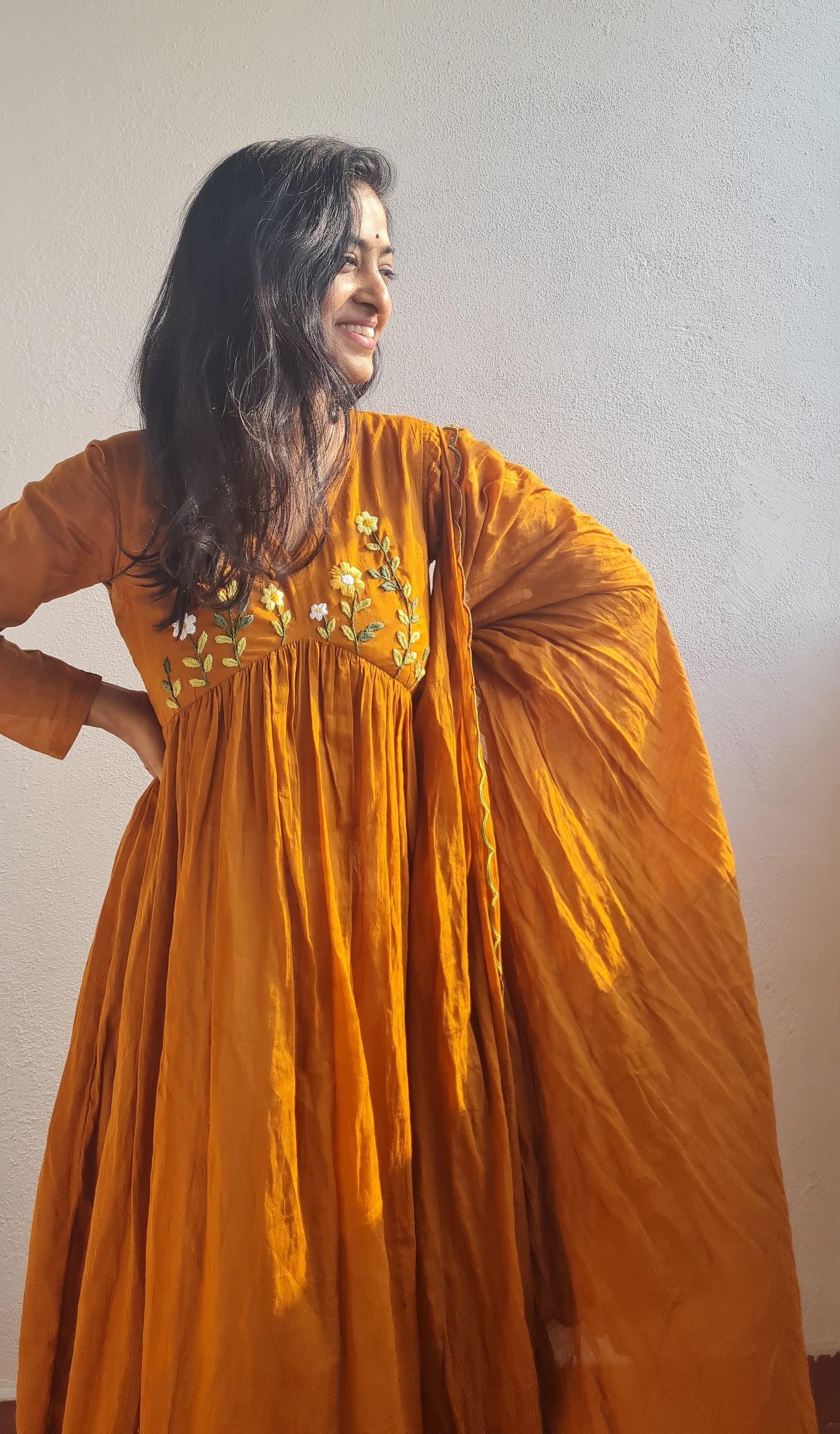 Man vasanai Alia Cut Frock and Dupatta. .Embracing the essence of natu – Bhamini Designer Studio Man vasanai Alia Cut Frock and Dupatta. .Embracing the essence of natu – Bhamini Designer Studio