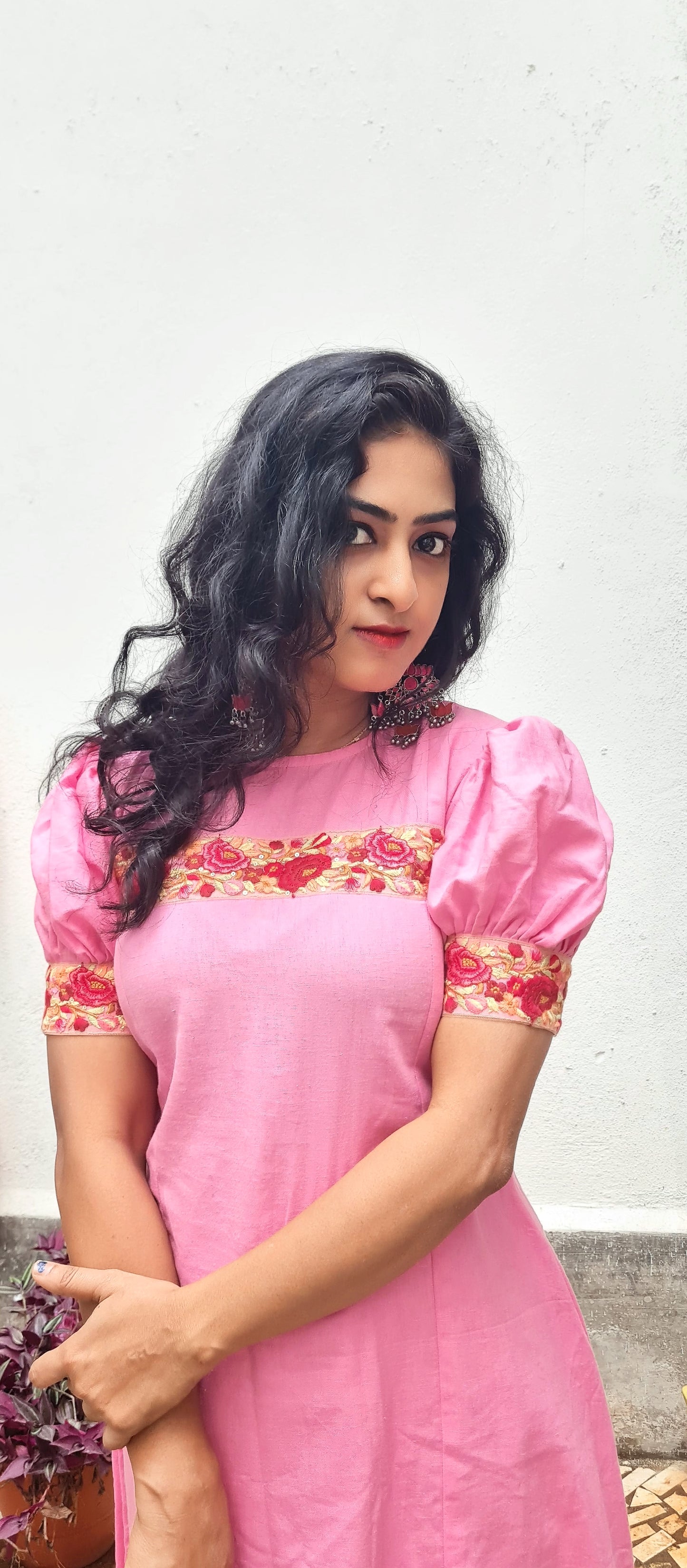 Pink Cotton Frock With Embroidery Patch Work