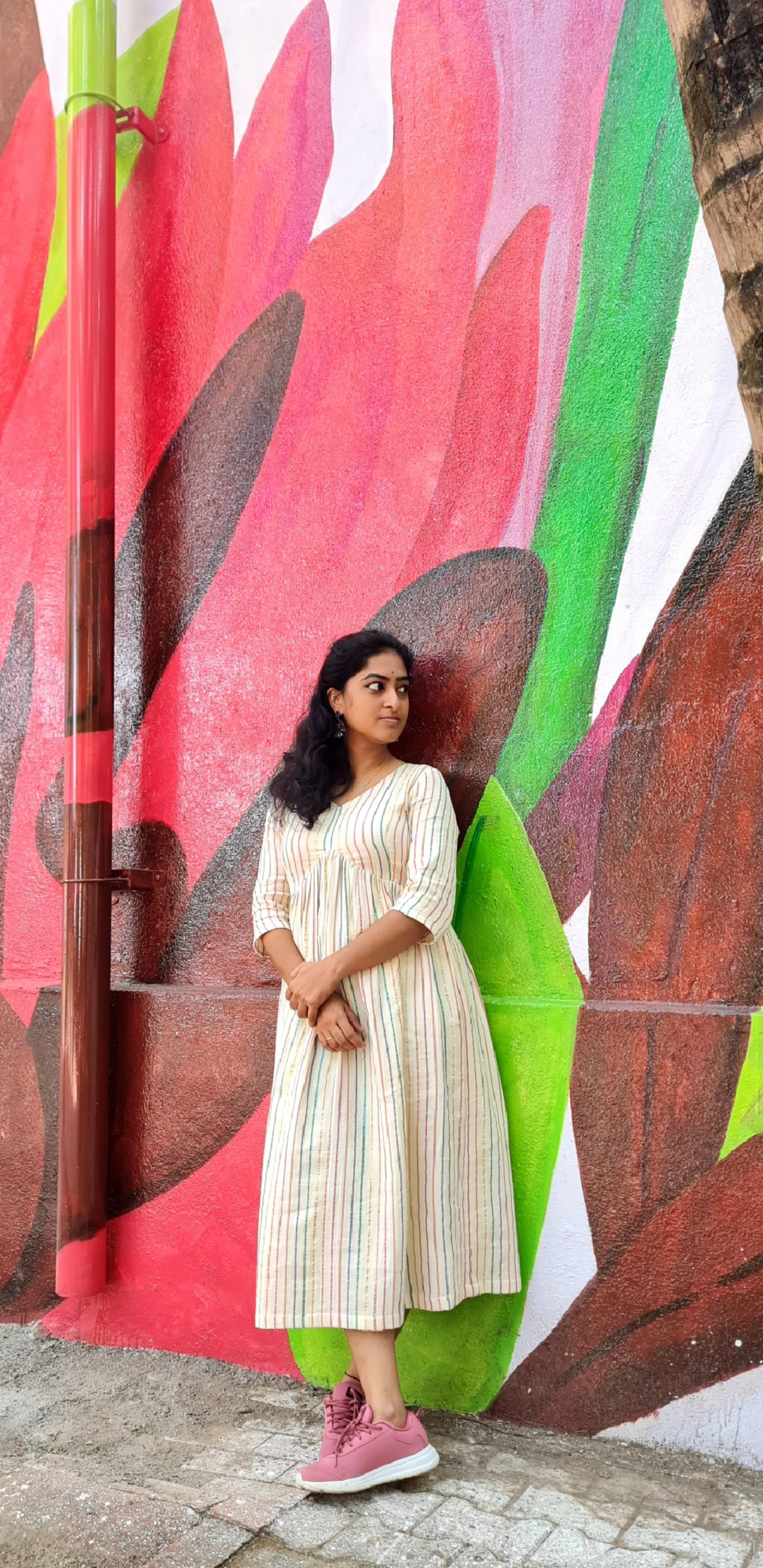 Chic Western Dreams: Off-White Striped Cotton Frock