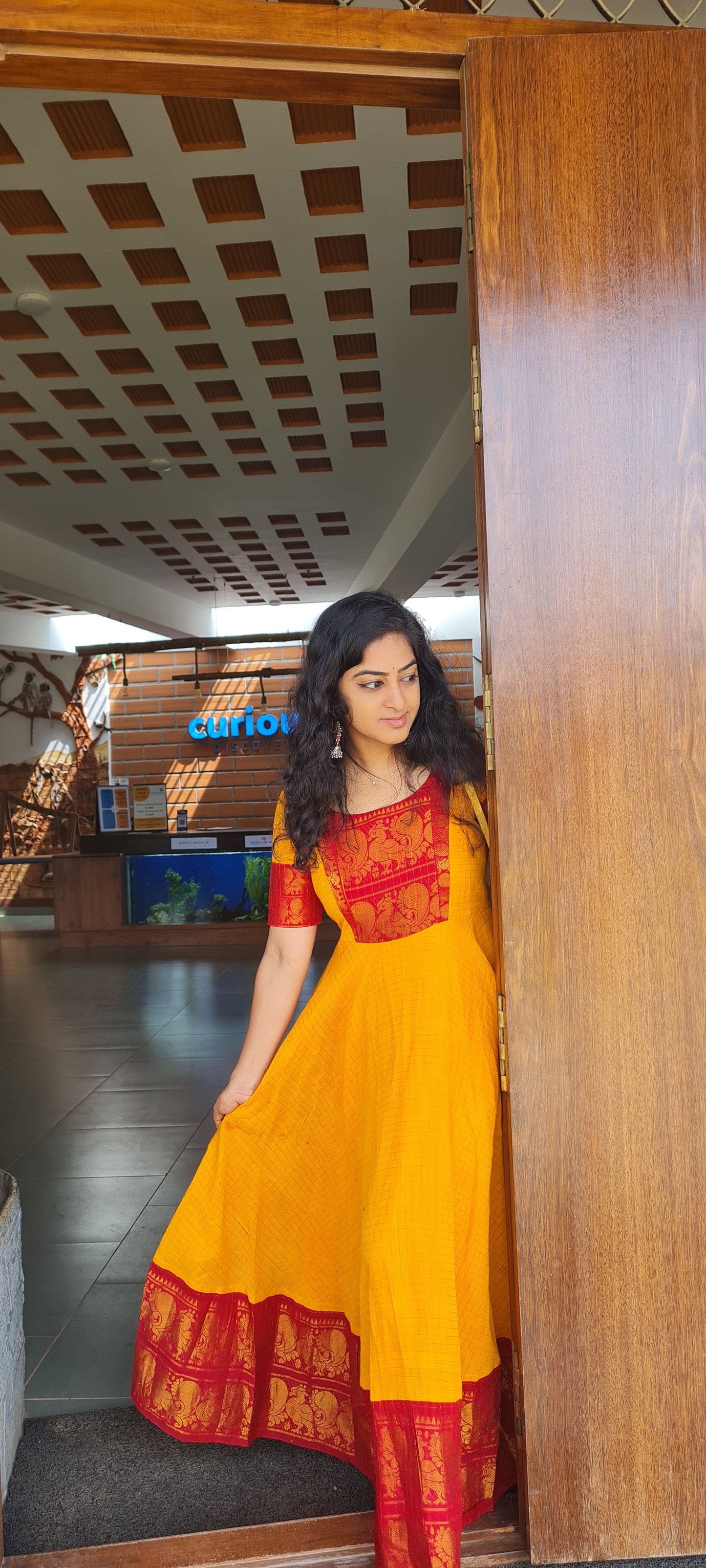 Sangam Splendor: Orange & Maroon Sungudi Cotton Frock..