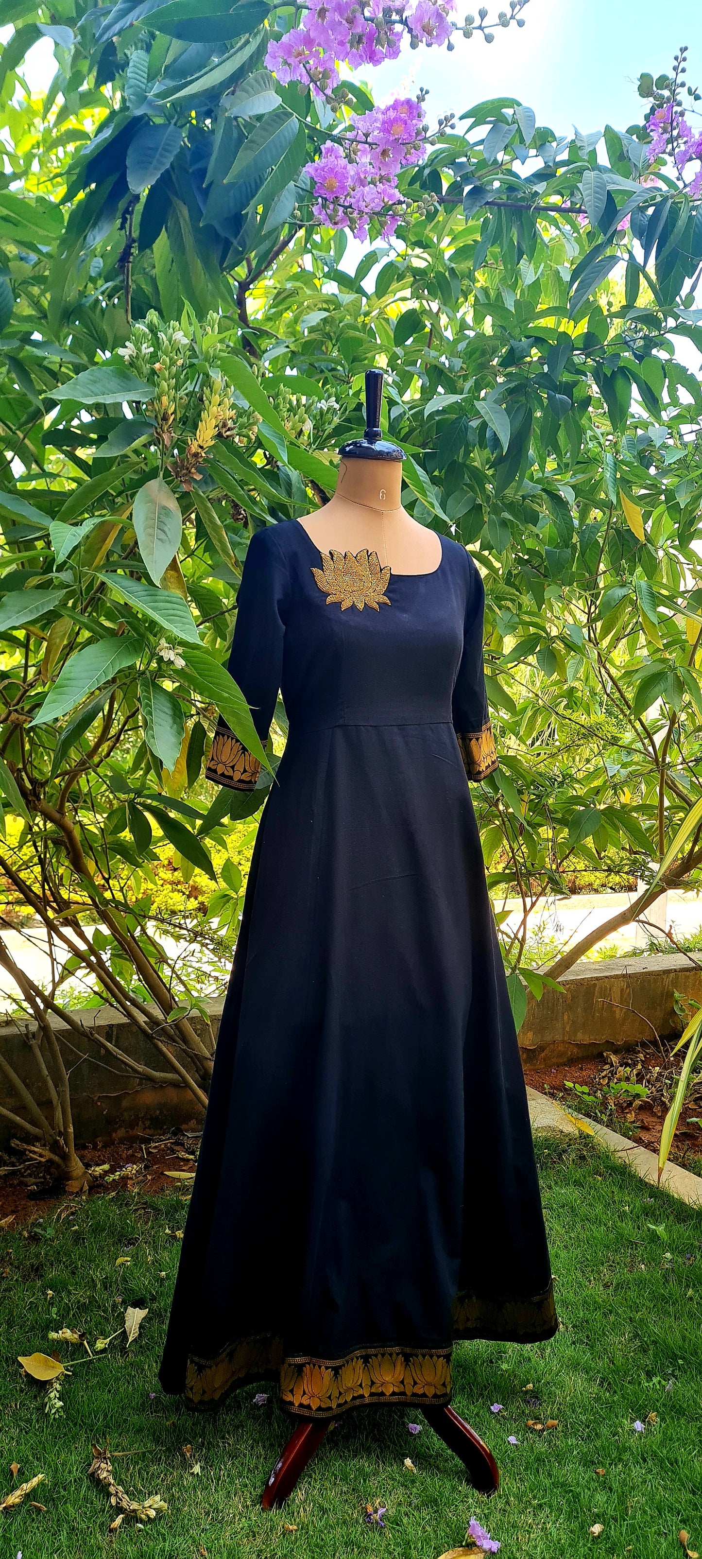 Lotus Bloom: Elegant Black Cotton Frock