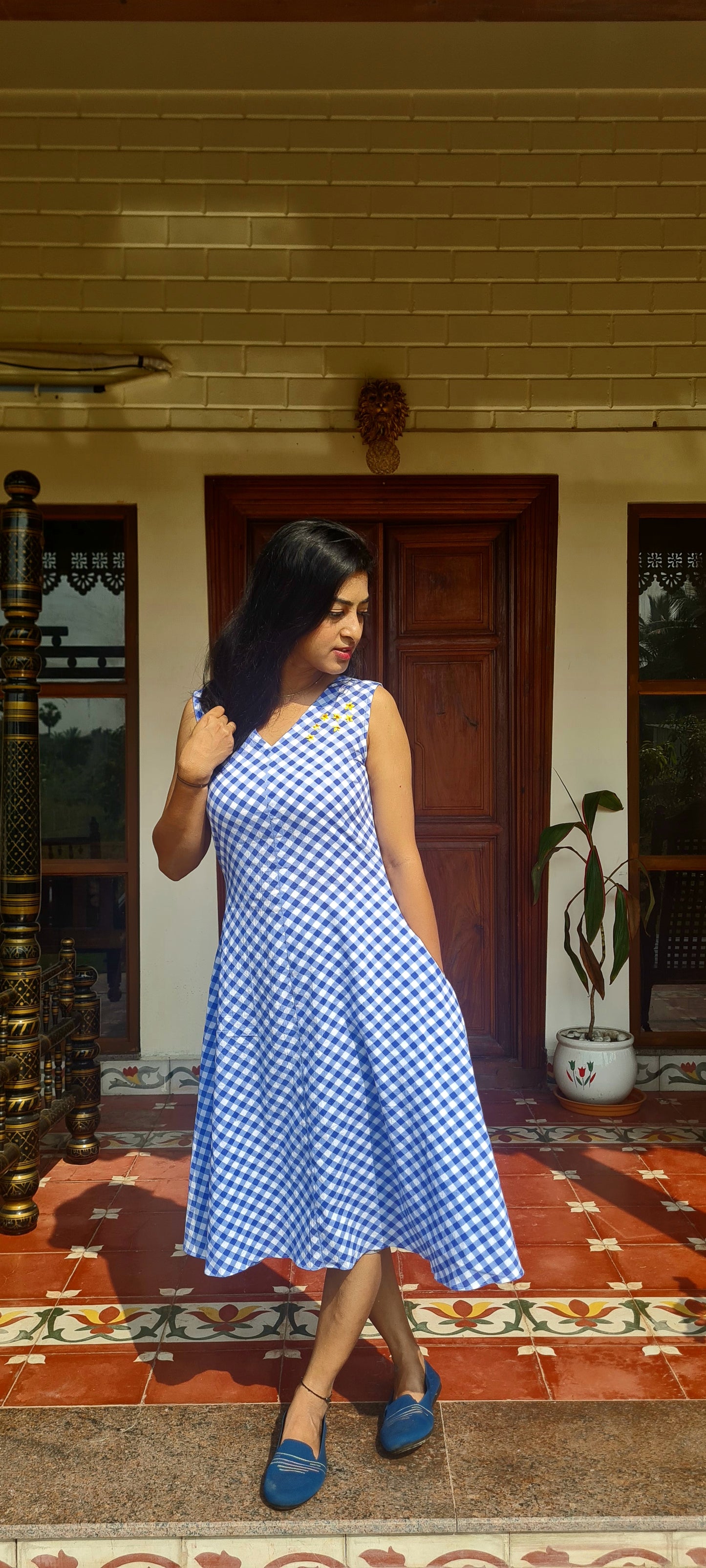 Checkmate Chic: Blue & White Cotton Frock with Hand Embroidered cotton dress.