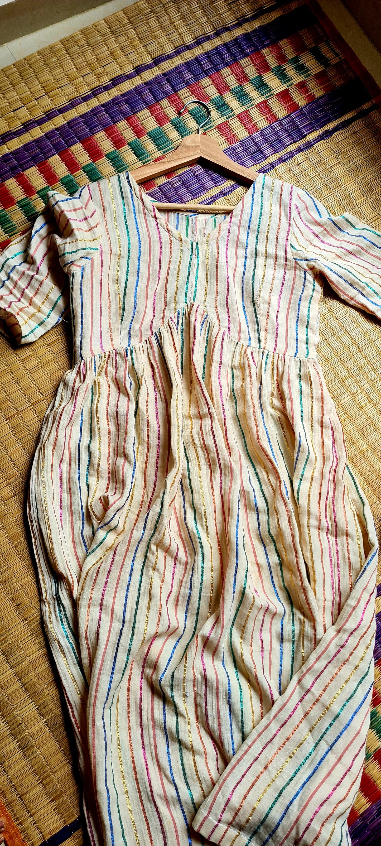 Chic Western Dreams: Off-White Striped Cotton Frock