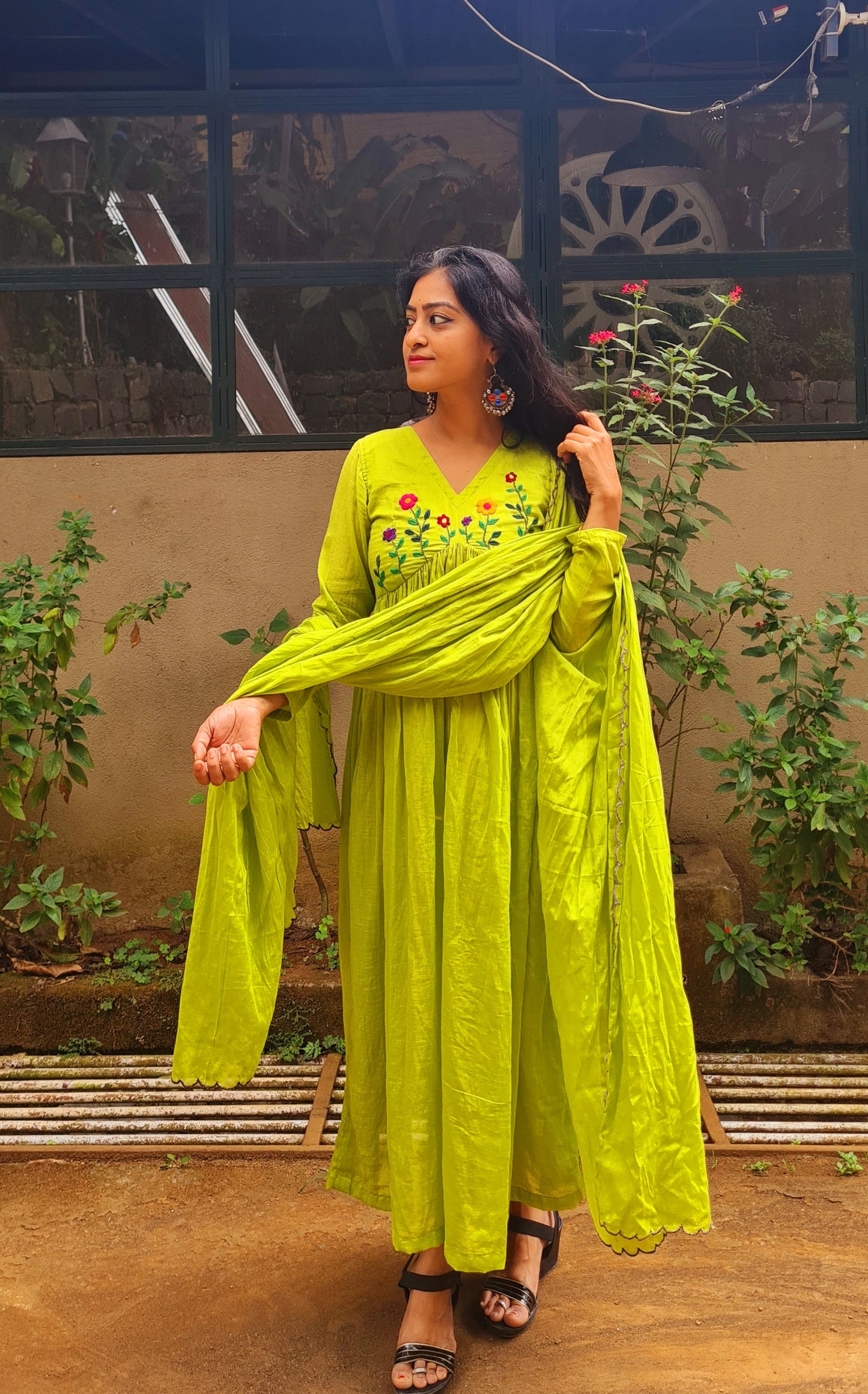 Parrot Green Alia Cut Mul Cotton Top with Dupatta | Hand Embroidery Elegance