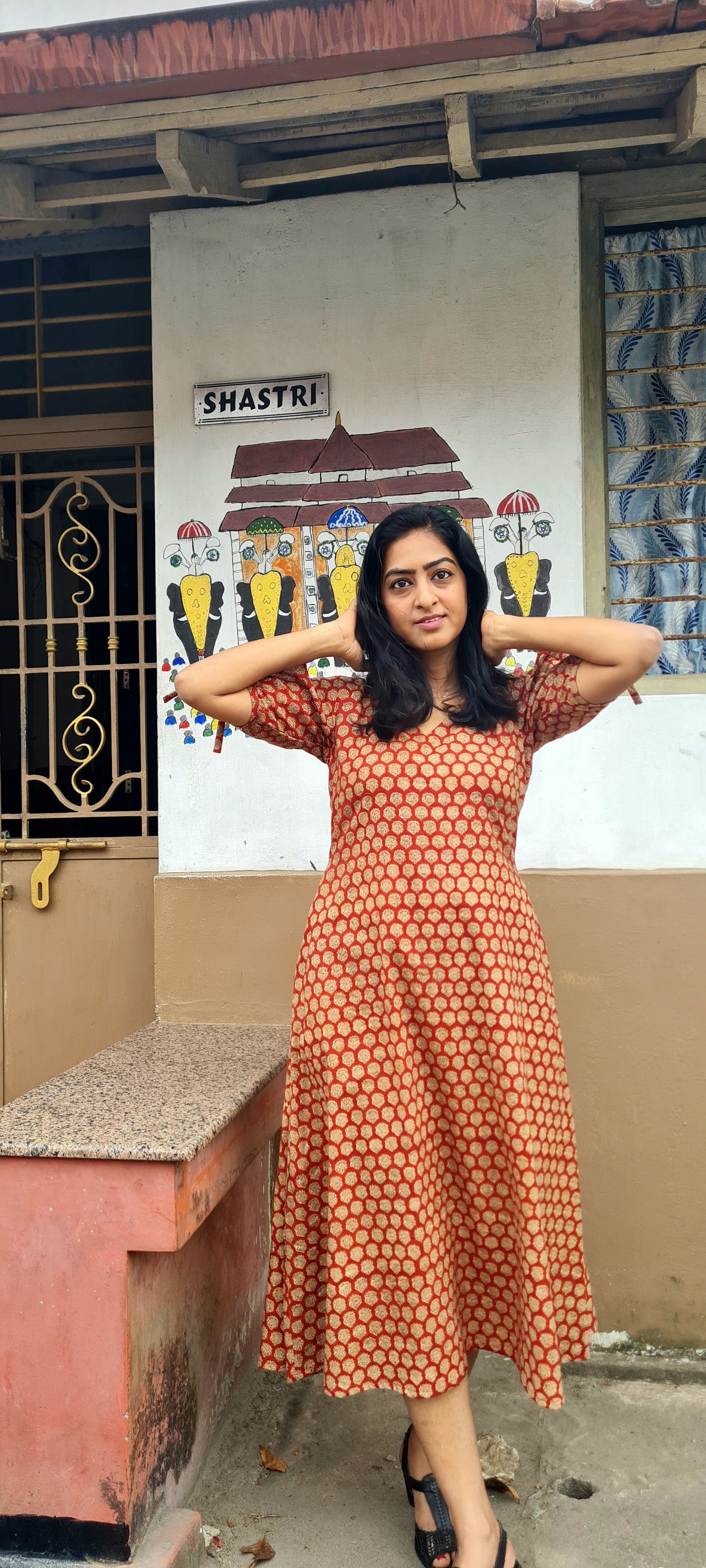 Heritage Chic: Brick Red & Black Hand Block Printed Frock