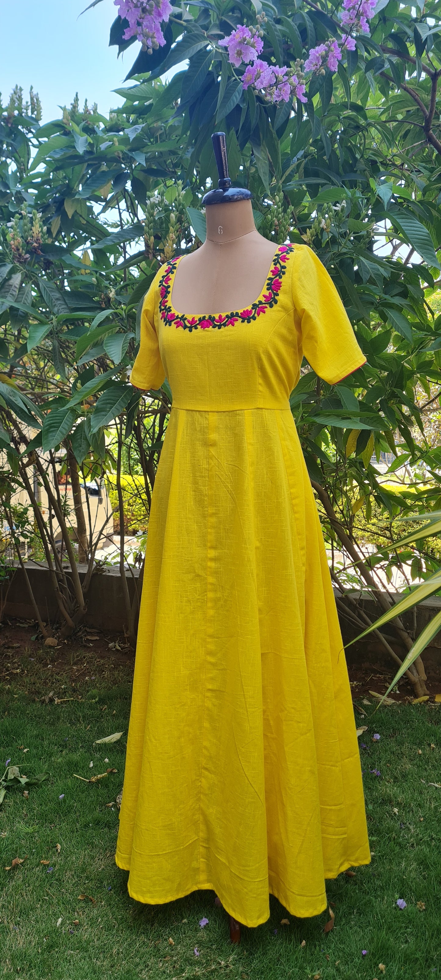 Lotus Bloom: Yellow Cotton Frock with Hand Embroidery