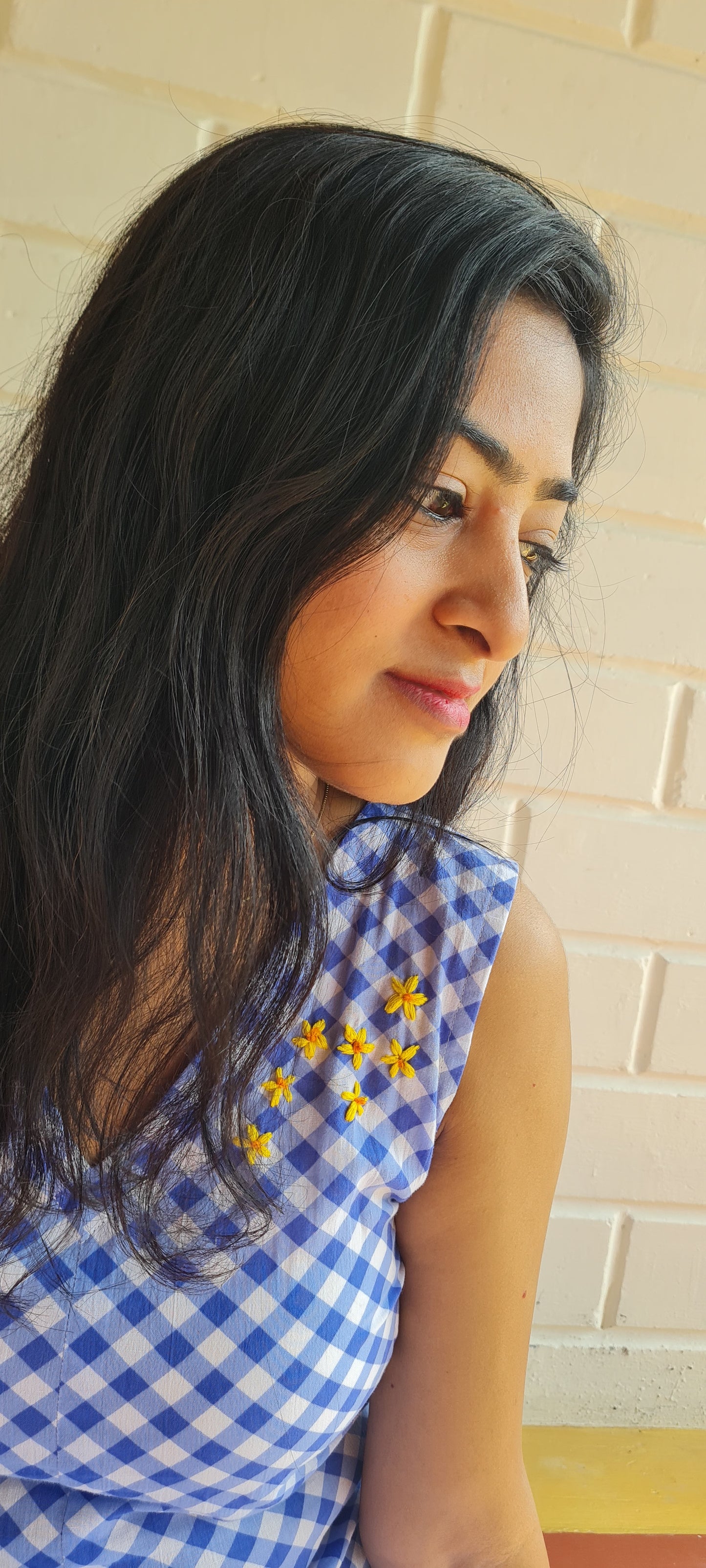 Checkmate Chic: Blue & White Cotton Frock with Hand Embroidered cotton dress.